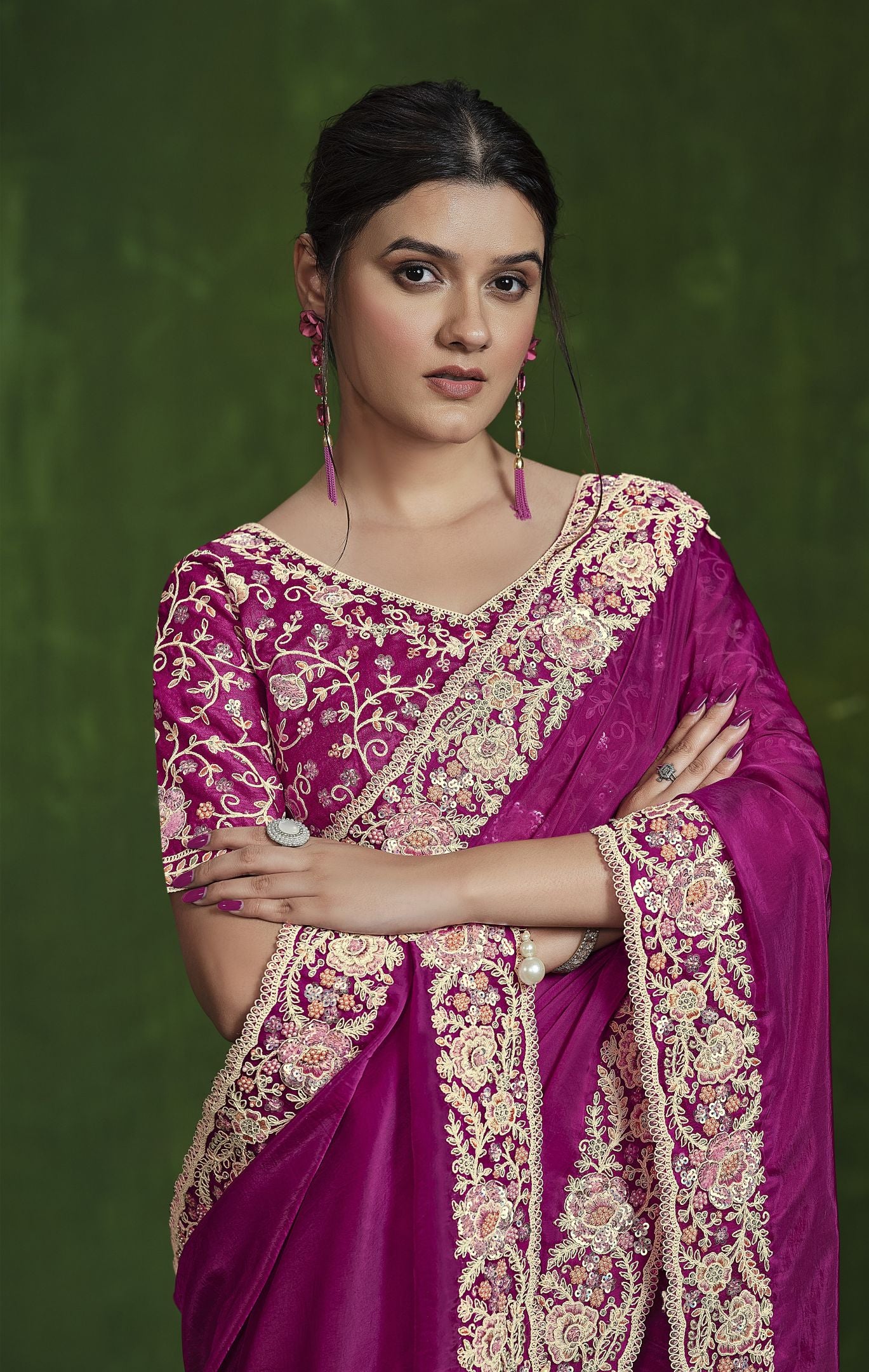 Pink Habotai Silk Saree: Handworked Sequins, Pure Silk Blouse for the Ranjhana Collection