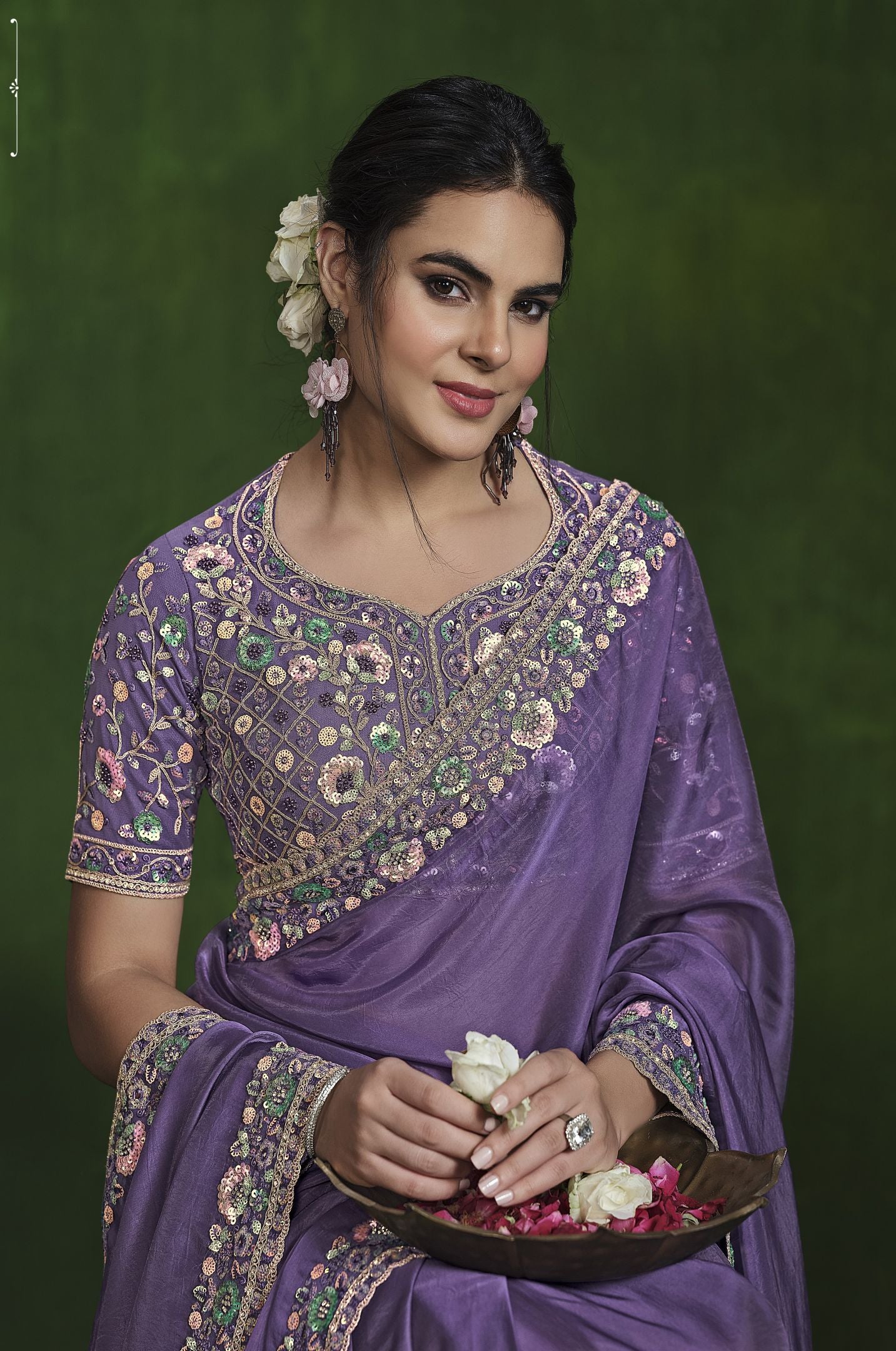 Lavender Habotai Silk Saree: Dual Sequence, Handwork, Stitched Blouse from the Ranjhana Collection