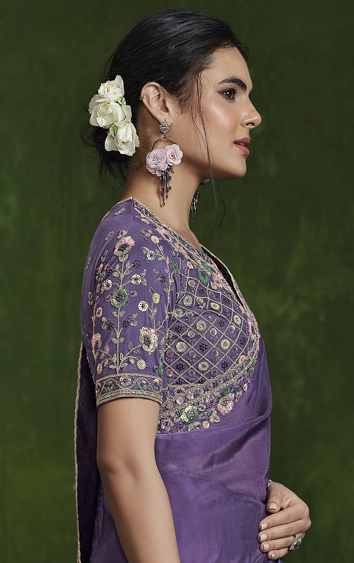 Lavender Habotai Silk Saree: Dual Sequence, Handwork, Stitched Blouse from the Ranjhana Collection