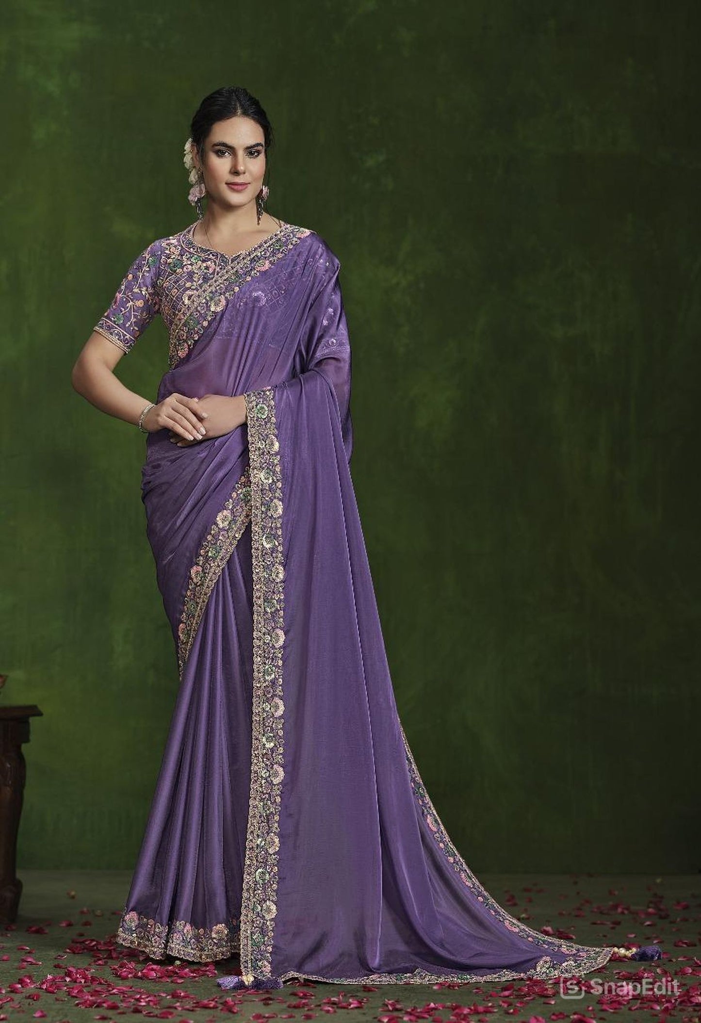 Lavender Habotai Silk Saree: Dual Sequence, Handwork, Stitched Blouse from the Ranjhana Collection