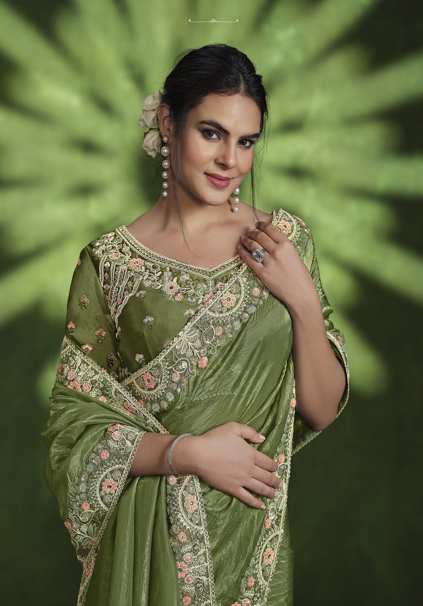 Green Crush Paper Silk Saree: Sequence & Diamond Work, Stitched Blouse from Ranjhana Collection