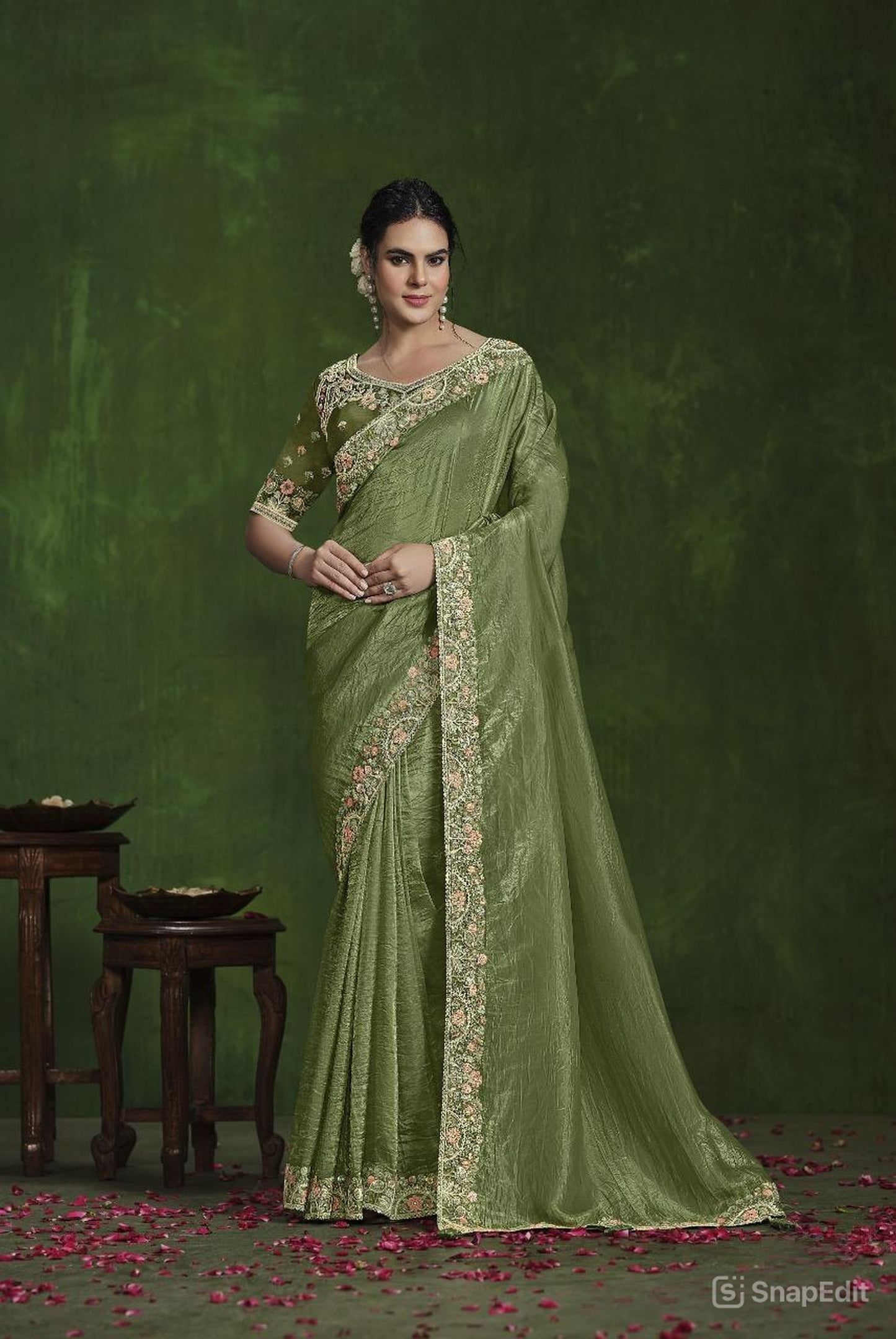 Green Crush Paper Silk Saree: Sequence & Diamond Work, Stitched Blouse from Ranjhana Collection