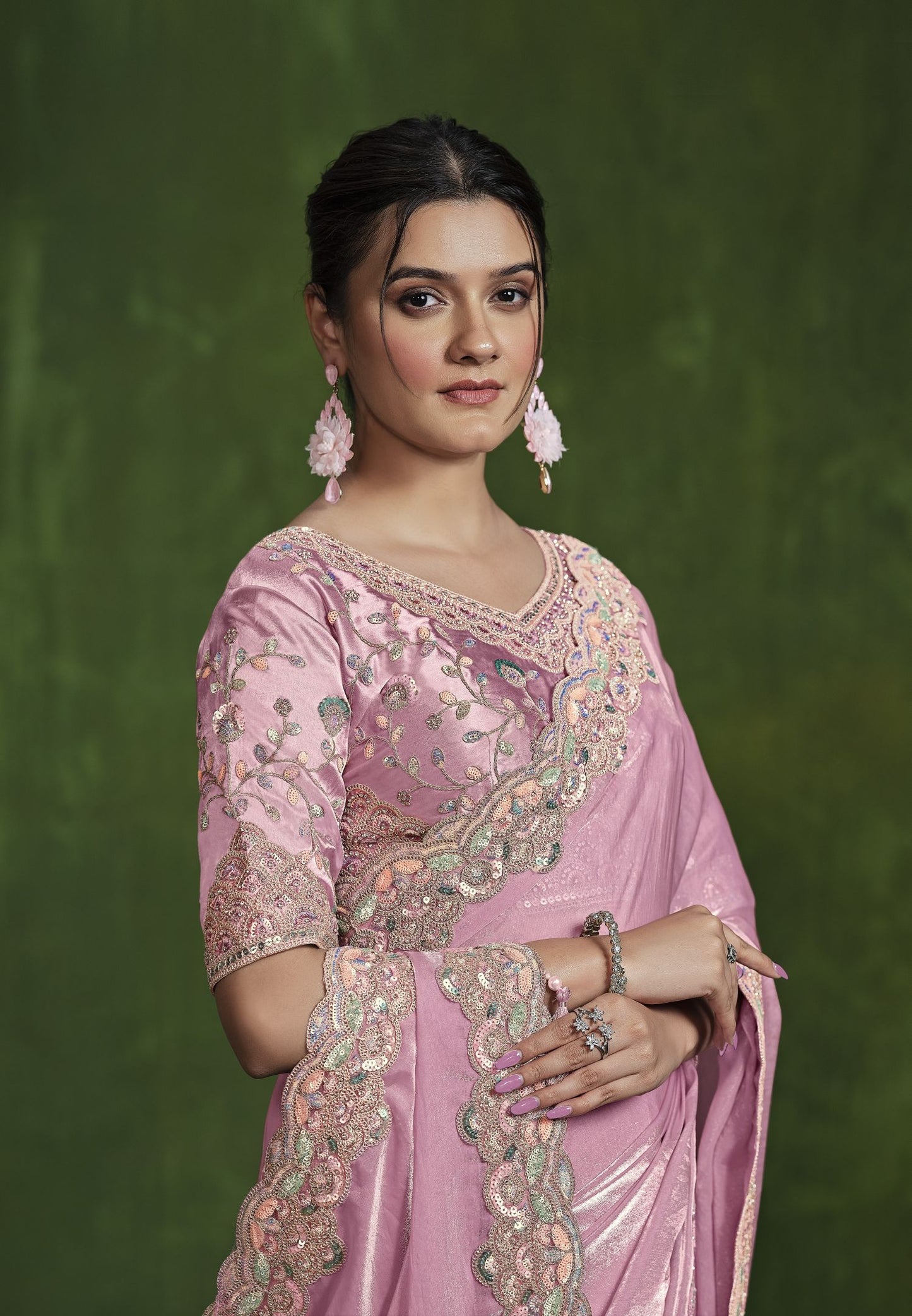 Pink 2-Tone Satin Silk Saree: Sequence Handwork, Stitched Blouse from the Ranjhana Collection