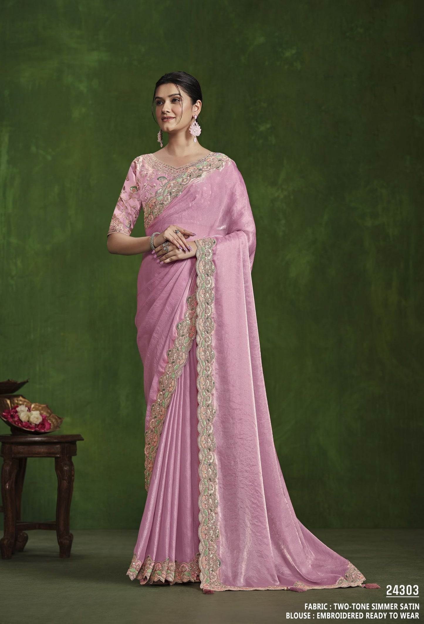 Pink 2-Tone Satin Silk Saree: Sequence Handwork, Stitched Blouse from the Ranjhana Collection