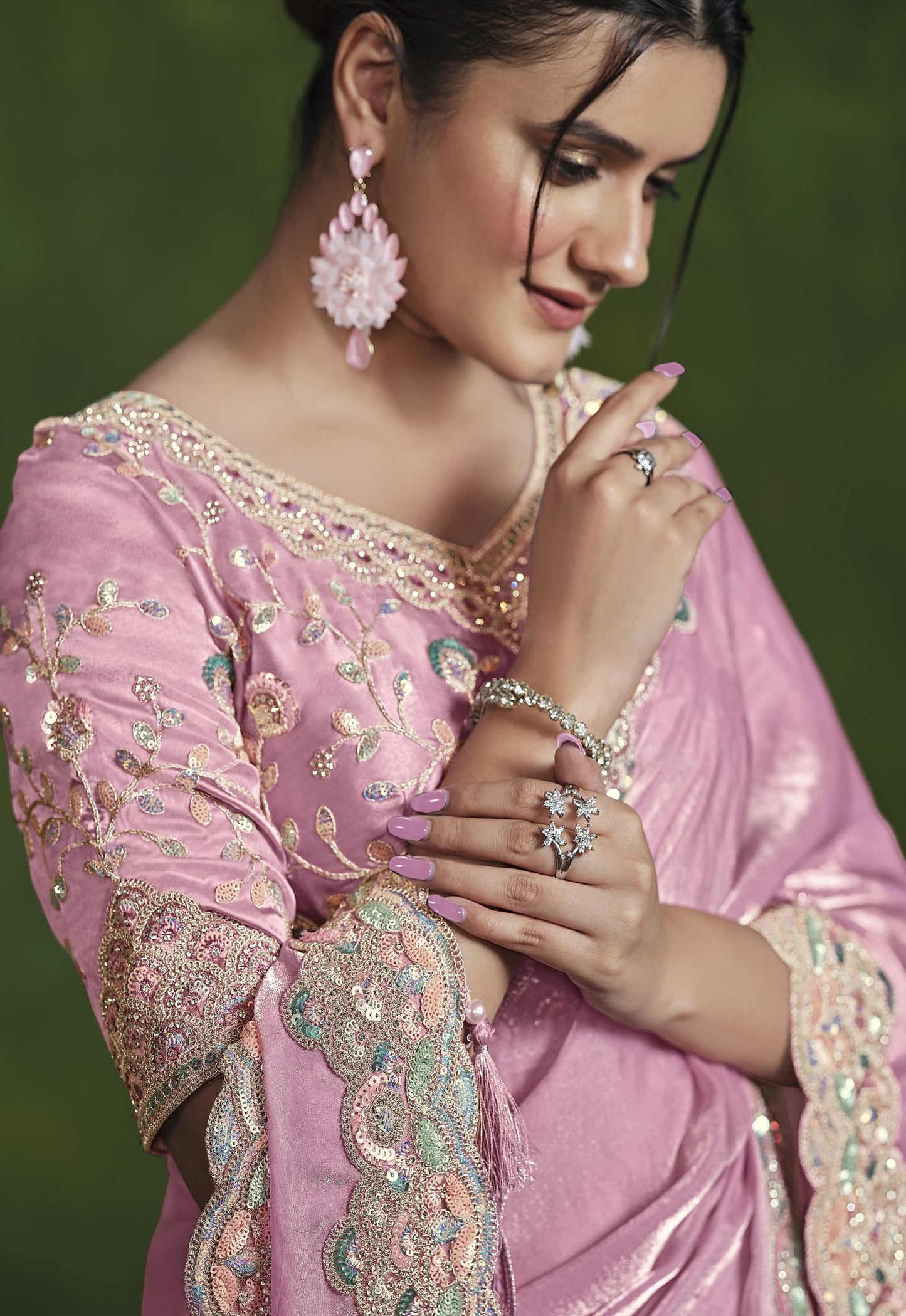 Pink 2-Tone Satin Silk Saree: Sequence Handwork, Stitched Blouse from the Ranjhana Collection