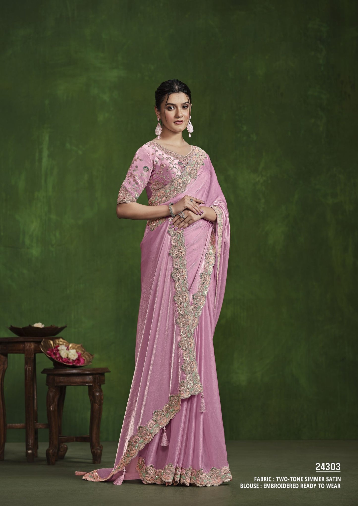 Pink 2-Tone Satin Silk Saree: Sequence Handwork, Stitched Blouse from the Ranjhana Collection