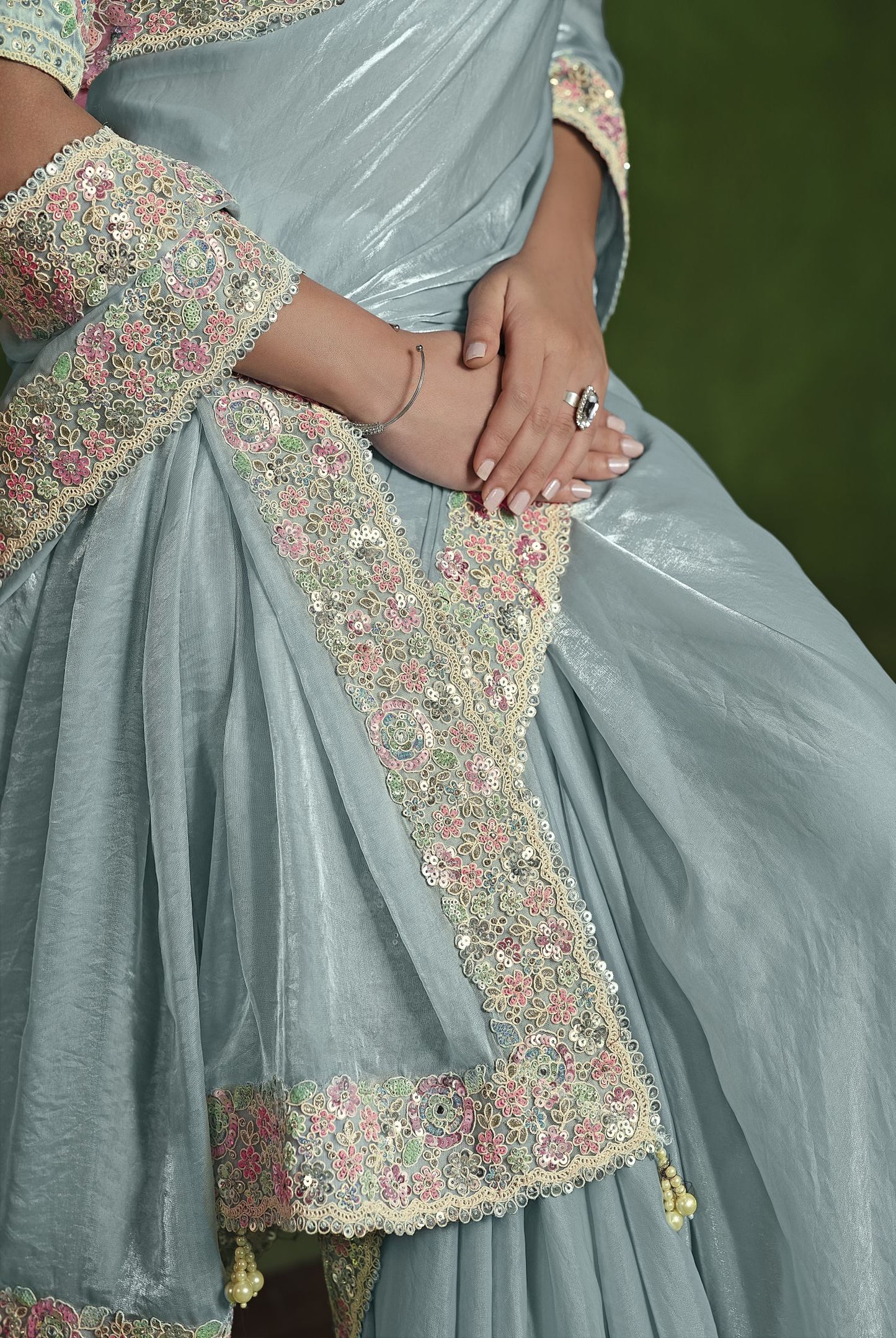 Sea Green 2-Tone Satin Silk Saree: Multi-Sequence Handwork, Stitched Blouse from Ranjhana Collection