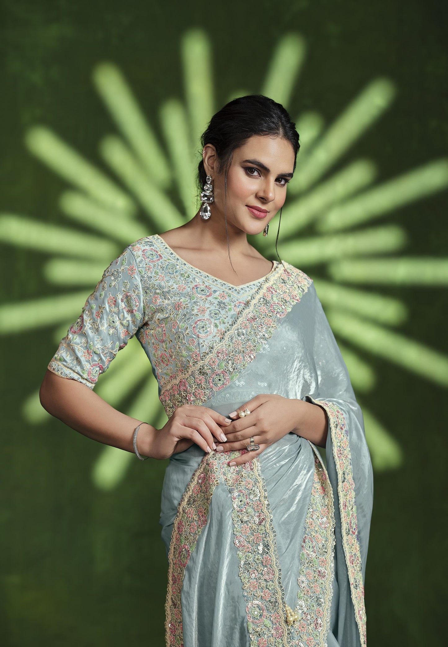 Sea Green 2-Tone Satin Silk Saree: Multi-Sequence Handwork, Stitched Blouse from Ranjhana Collection