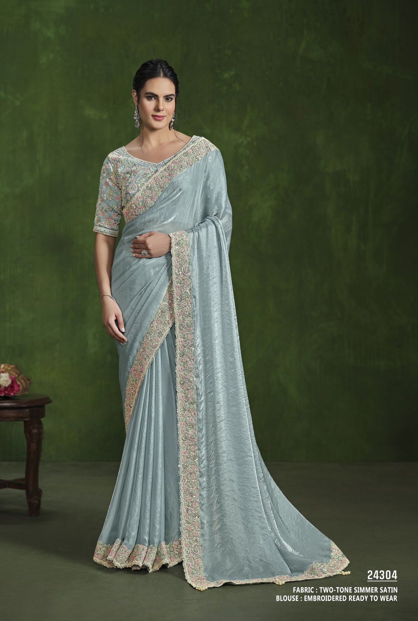 Sea Green 2-Tone Satin Silk Saree: Multi-Sequence Handwork, Stitched Blouse from Ranjhana Collection