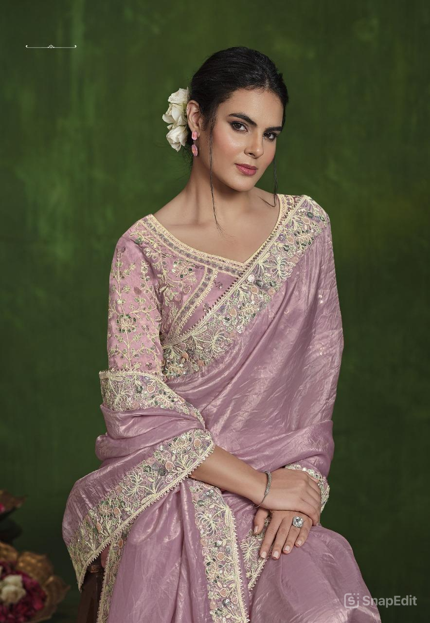 Dusty Pink Crush Paper Silk Saree: Dual Sequence Handwork, Stitched Blouse from Ranjhana Collection