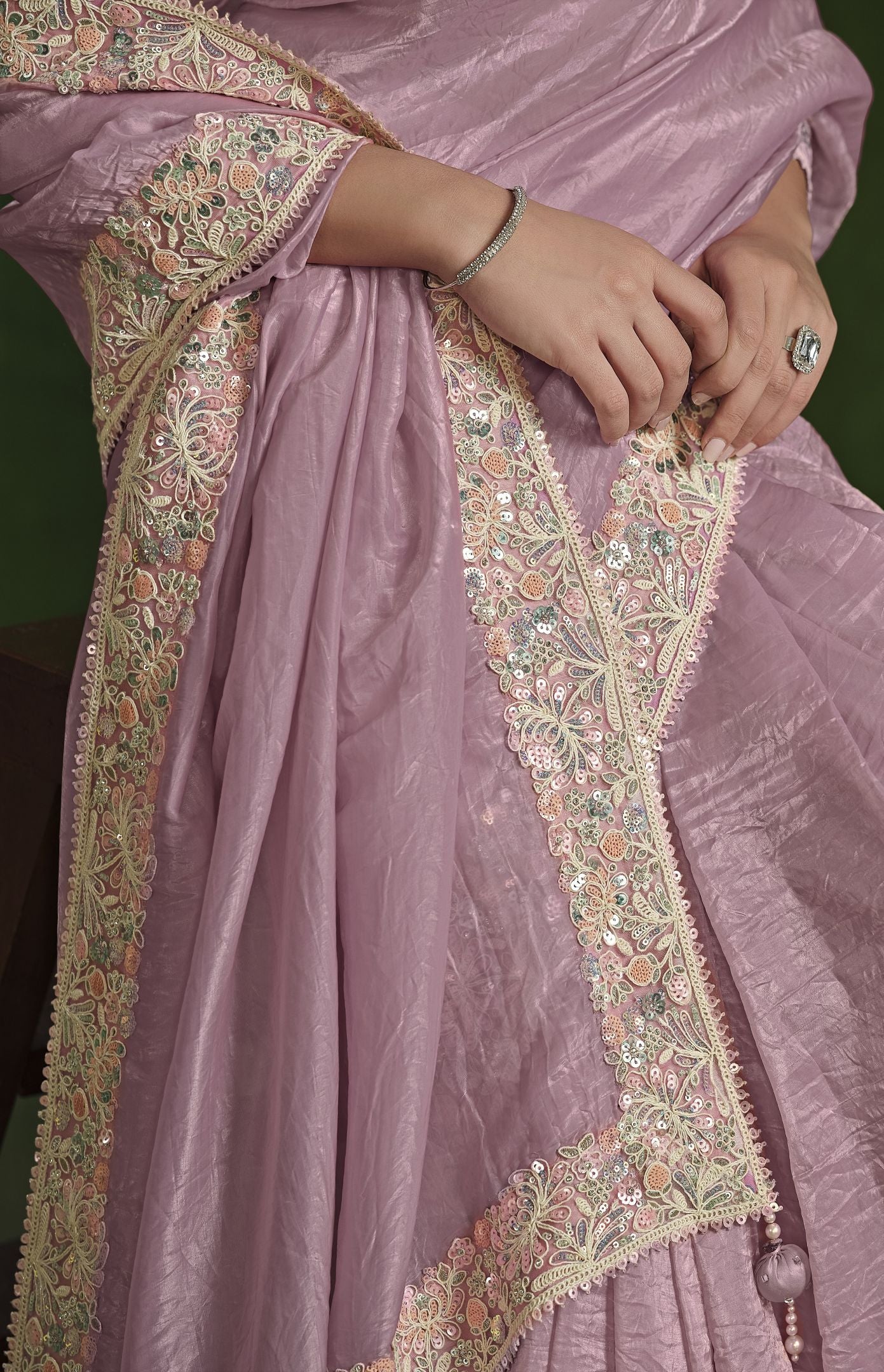 Dusty Pink Crush Paper Silk Saree: Dual Sequence Handwork, Stitched Blouse from Ranjhana Collection