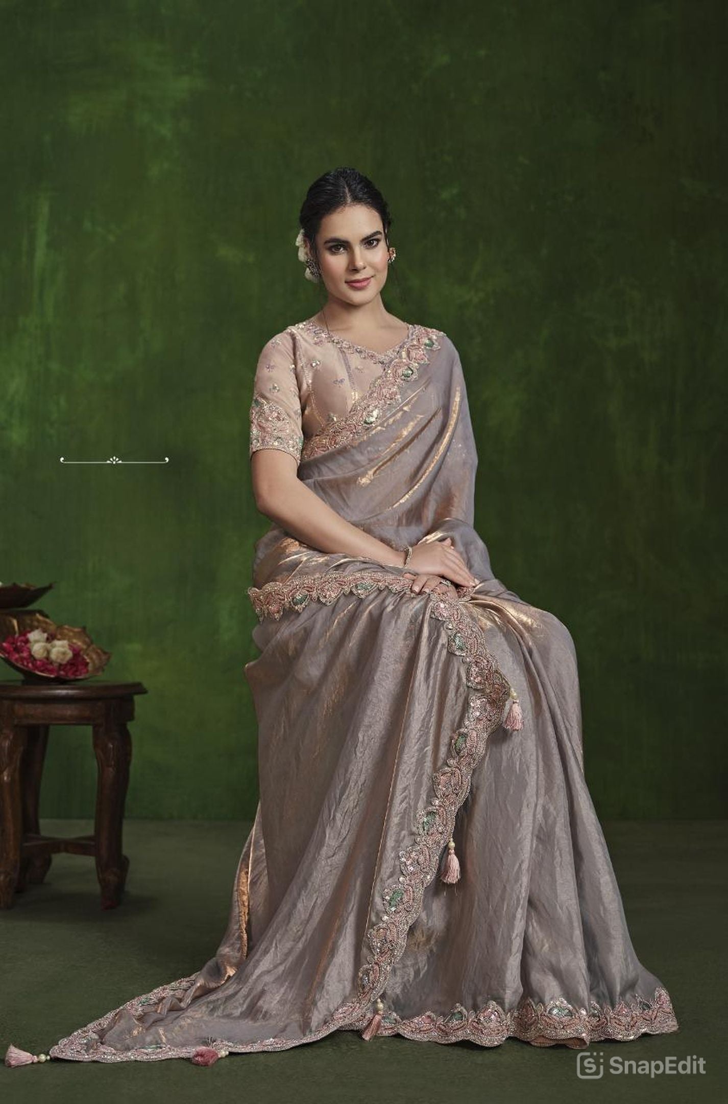 Peach 2-Tone Satin Silk Saree: Dual Sequence, Diamond Work, Stitched Blouse from Ranjhana Collection