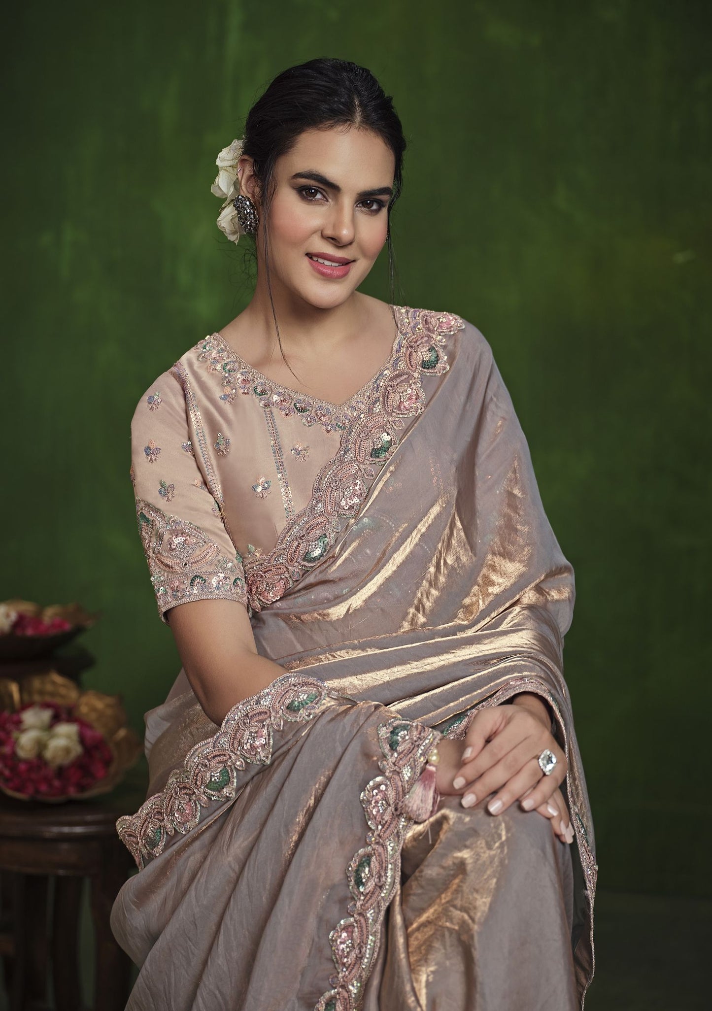 Peach 2-Tone Satin Silk Saree: Dual Sequence, Diamond Work, Stitched Blouse from Ranjhana Collection