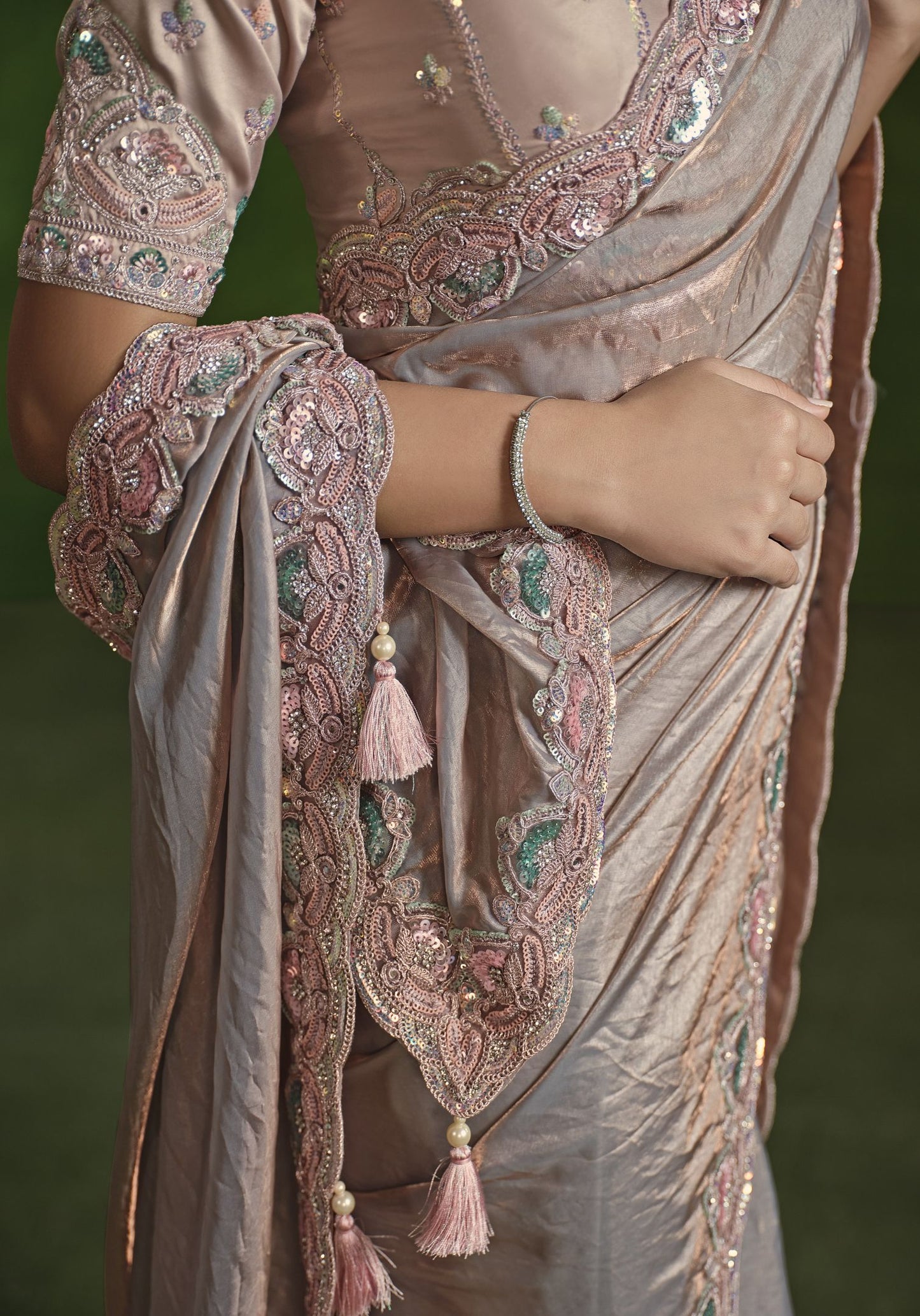 Peach 2-Tone Satin Silk Saree: Dual Sequence, Diamond Work, Stitched Blouse from Ranjhana Collection