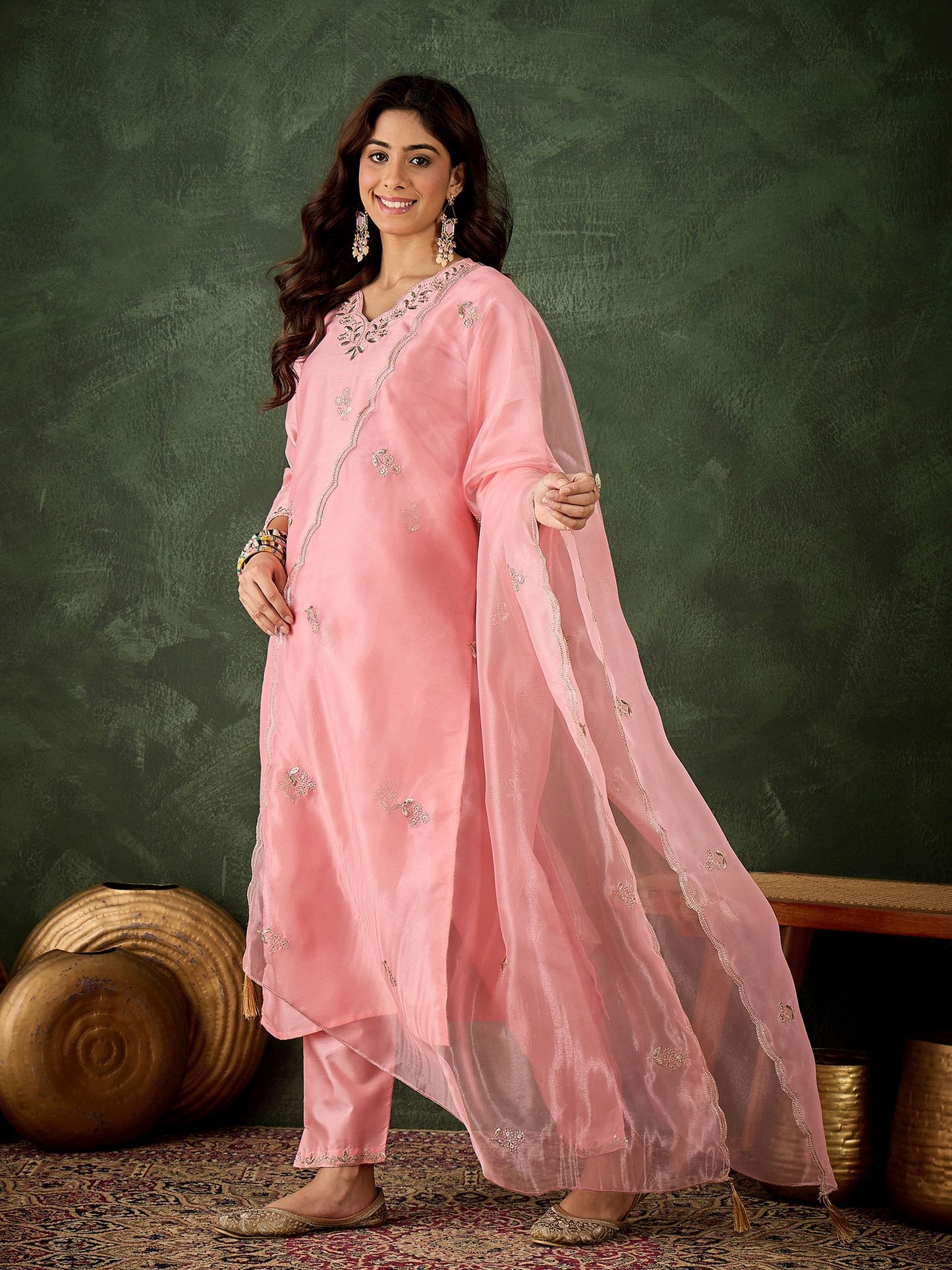 Pink Silk Blend Readymade Suit: Organza Dupatta, Designer Embroidery Work