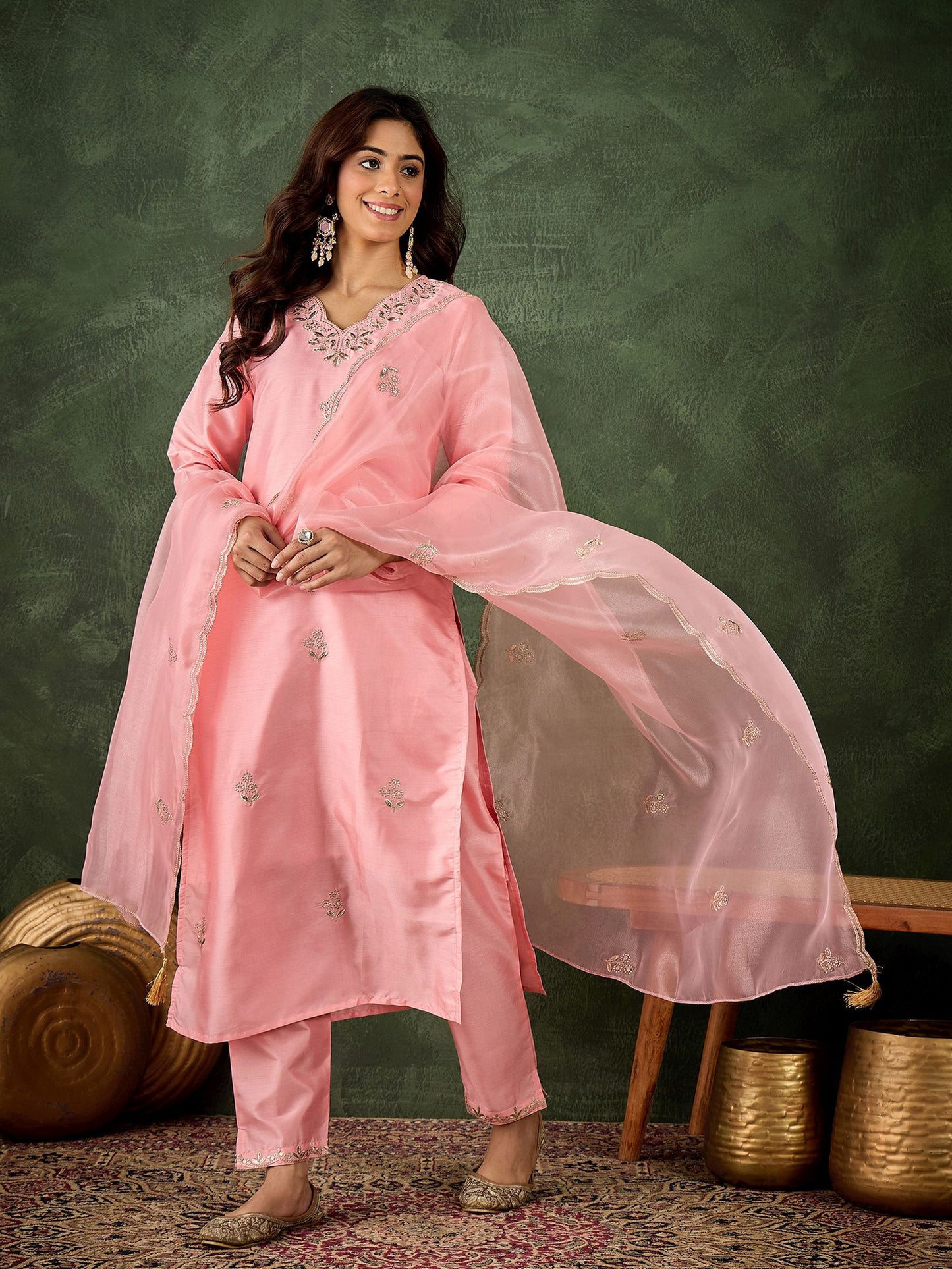 Pink Silk Blend Readymade Suit: Organza Dupatta, Designer Embroidery Work
