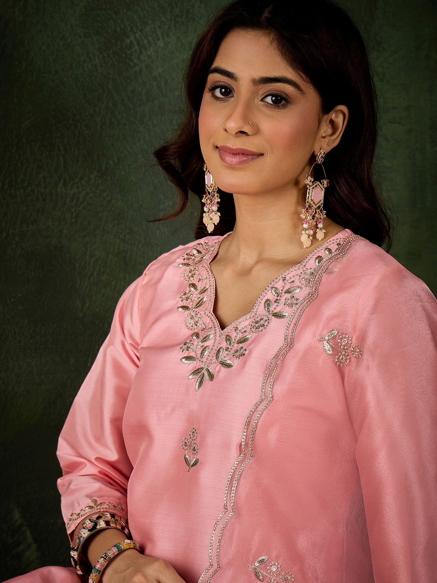 Pink Silk Blend Readymade Suit: Organza Dupatta, Designer Embroidery Work