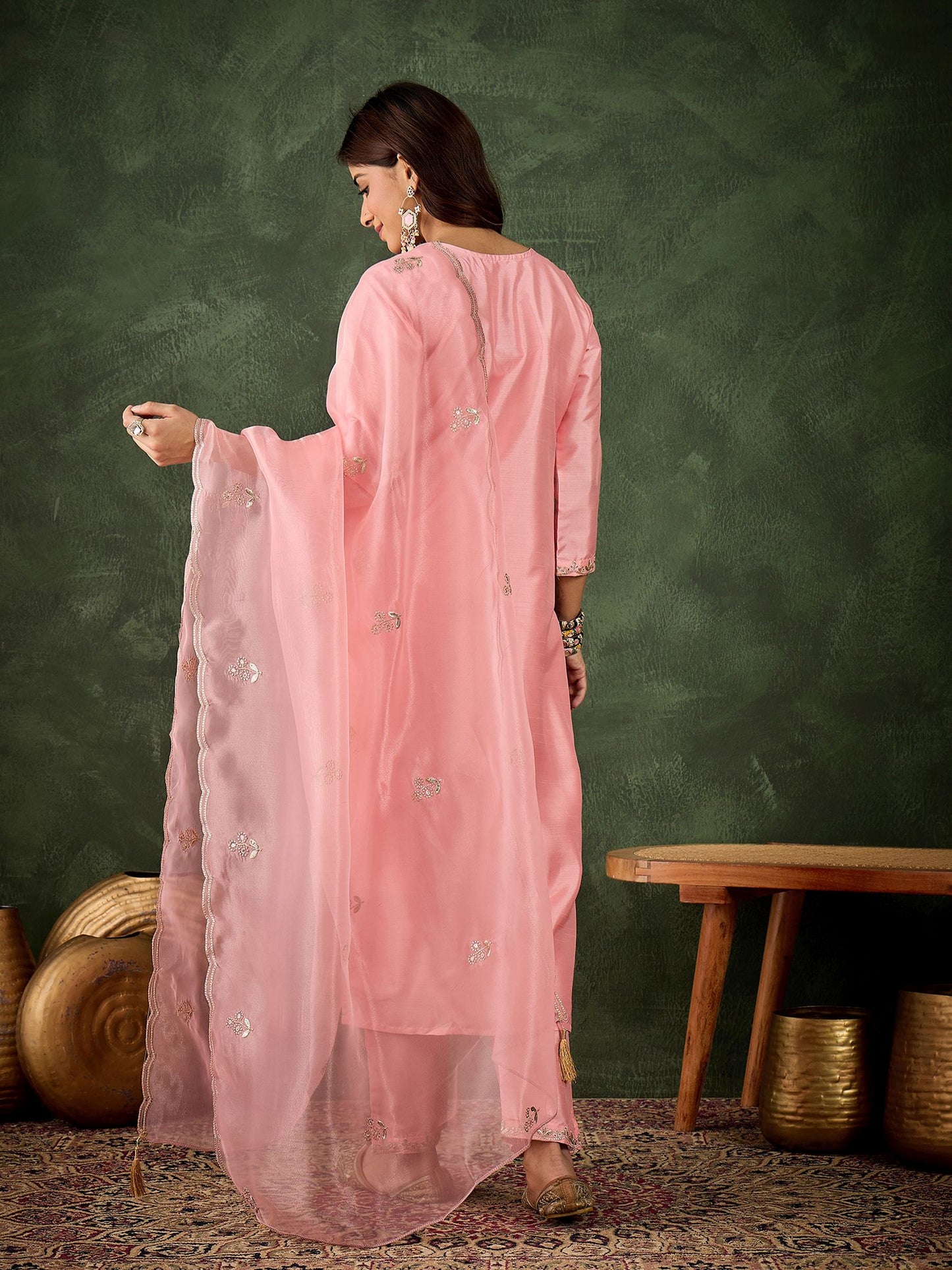 Pink Silk Blend Readymade Suit: Organza Dupatta, Designer Embroidery Work
