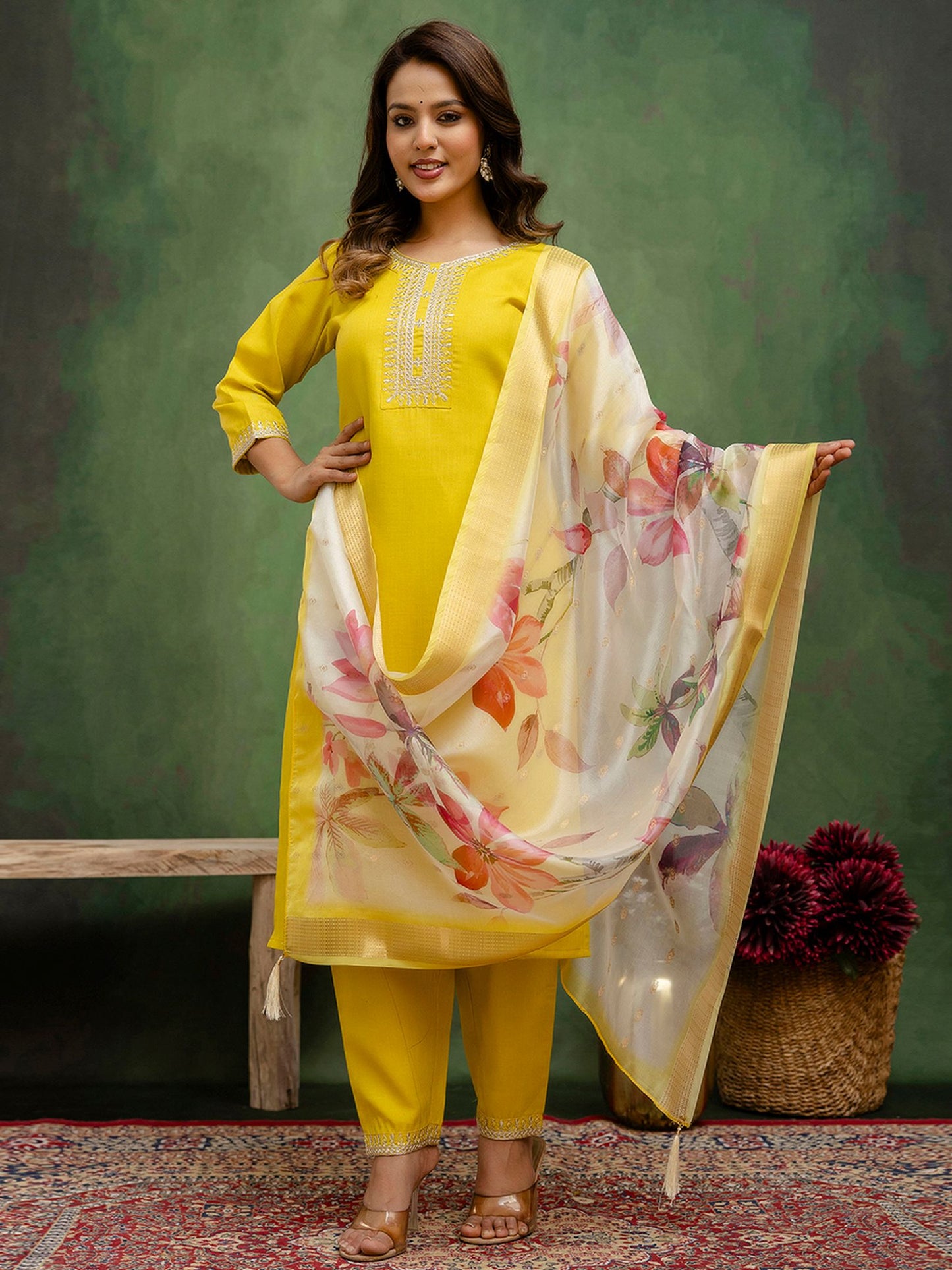 Lemon Cotton Blend Readymade Suit: Off-White Organza Dupatta, Designer Embroidery
