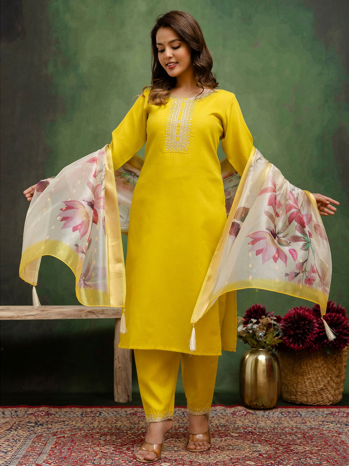 Lemon Cotton Blend Readymade Suit: Off-White Organza Dupatta, Designer Embroidery