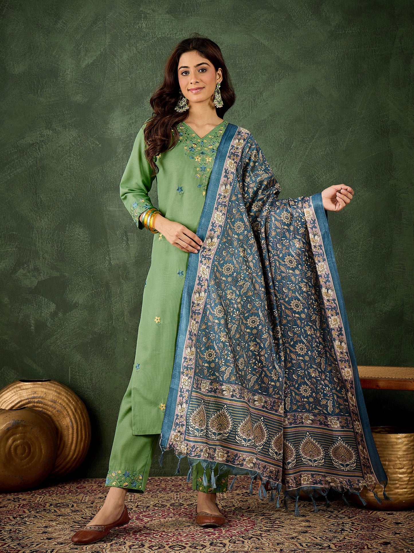 Pista Cotton Blend Readymade Suit: Green Printed Art Silk Dupatta