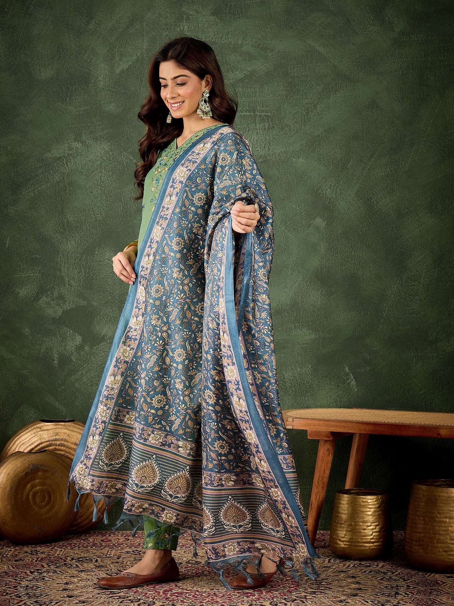Pista Cotton Blend Readymade Suit: Green Printed Art Silk Dupatta