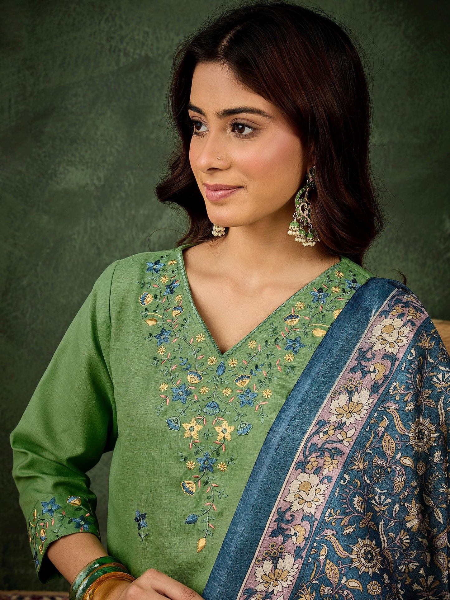 Pista Cotton Blend Readymade Suit: Green Printed Art Silk Dupatta