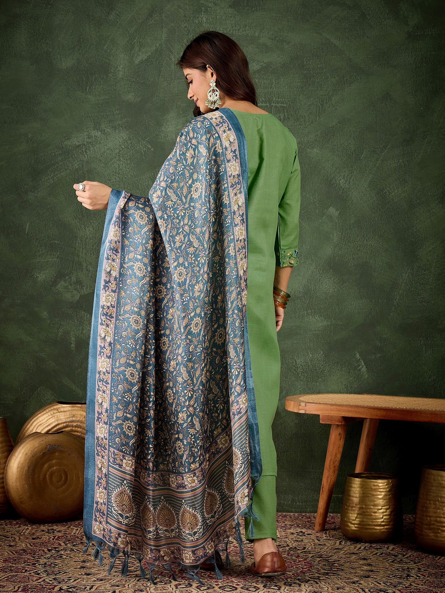 Pista Cotton Blend Readymade Suit: Green Printed Art Silk Dupatta