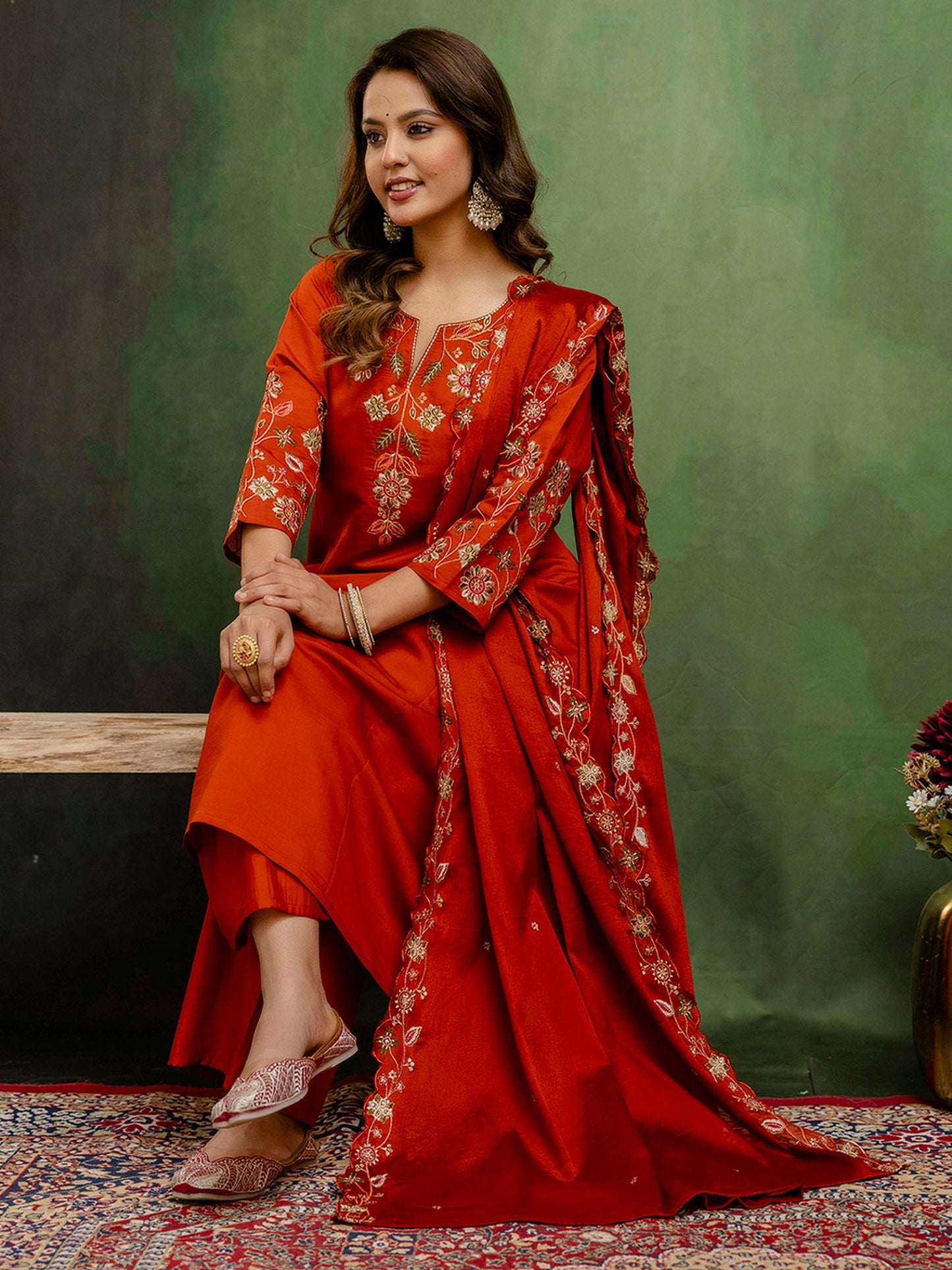 Rust Silk Blend Readymade Suit: Chinon Dupatta, Designer Embroidery Work