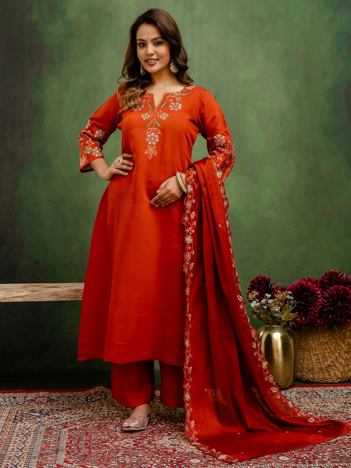 Rust Silk Blend Readymade Suit: Chinon Dupatta, Designer Embroidery Work