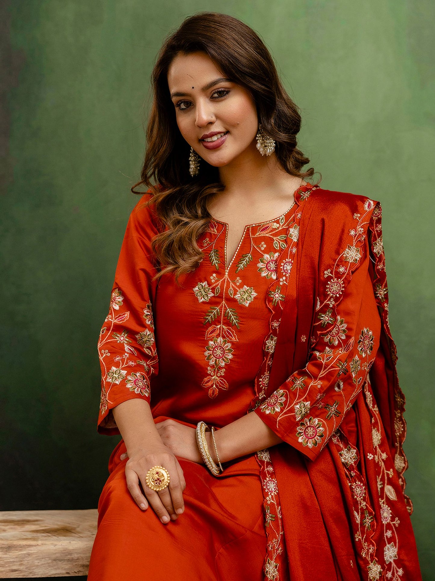 Rust Silk Blend Readymade Suit: Chinon Dupatta, Designer Embroidery Work