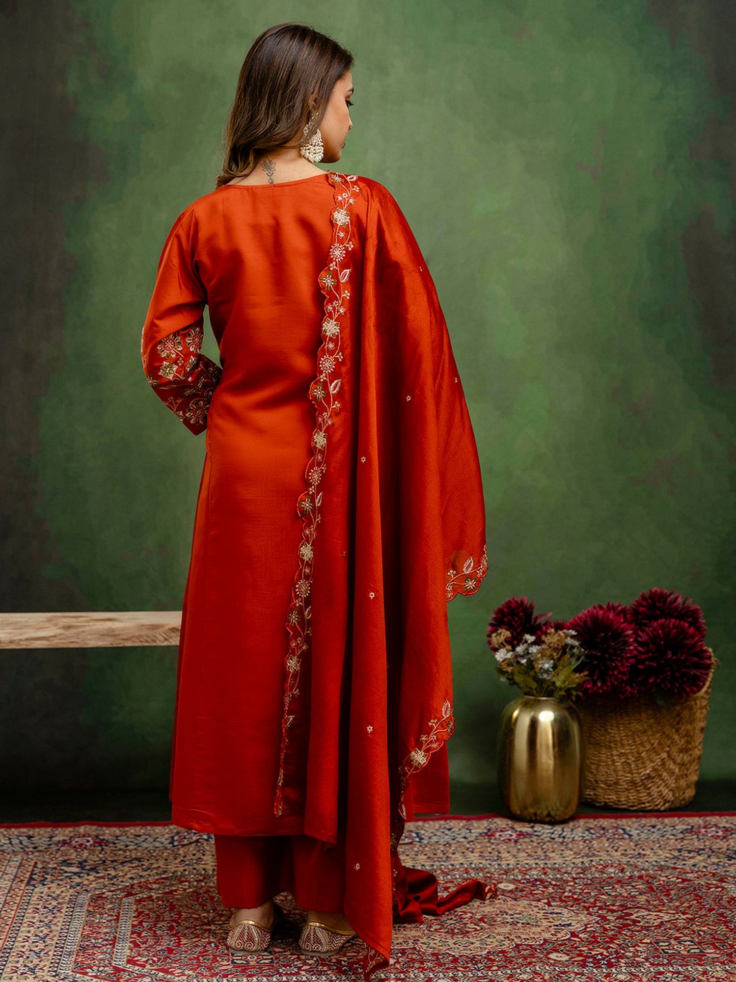 Rust Silk Blend Readymade Suit: Chinon Dupatta, Designer Embroidery Work