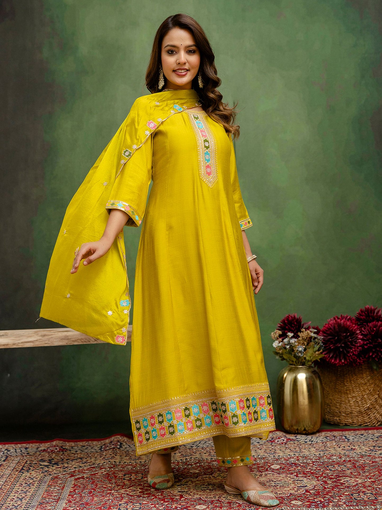 Lemon Silk Blend Readymade Suit: Chinon Dupatta, Designer Embroidery Work