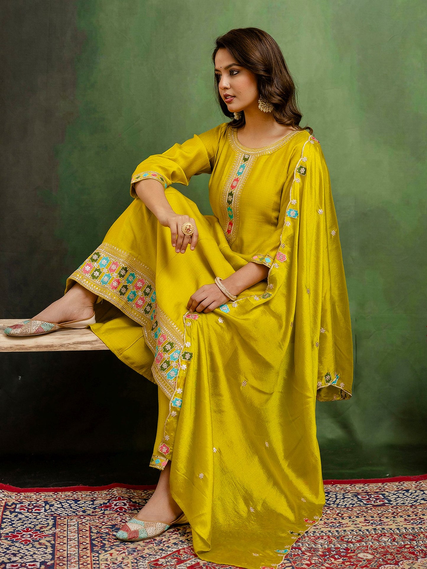 Lemon Silk Blend Readymade Suit: Chinon Dupatta, Designer Embroidery Work