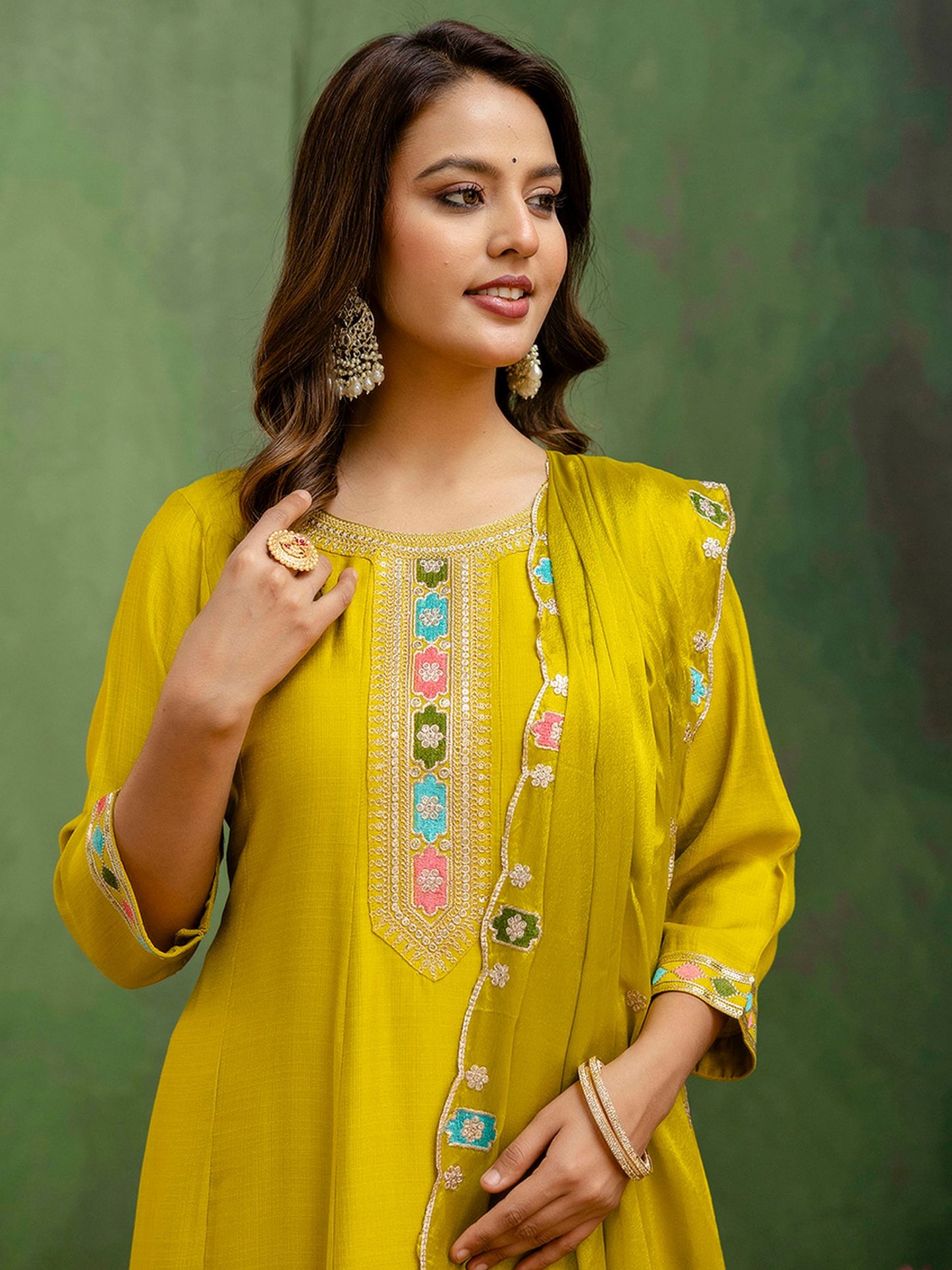 Lemon Silk Blend Readymade Suit: Chinon Dupatta, Designer Embroidery Work