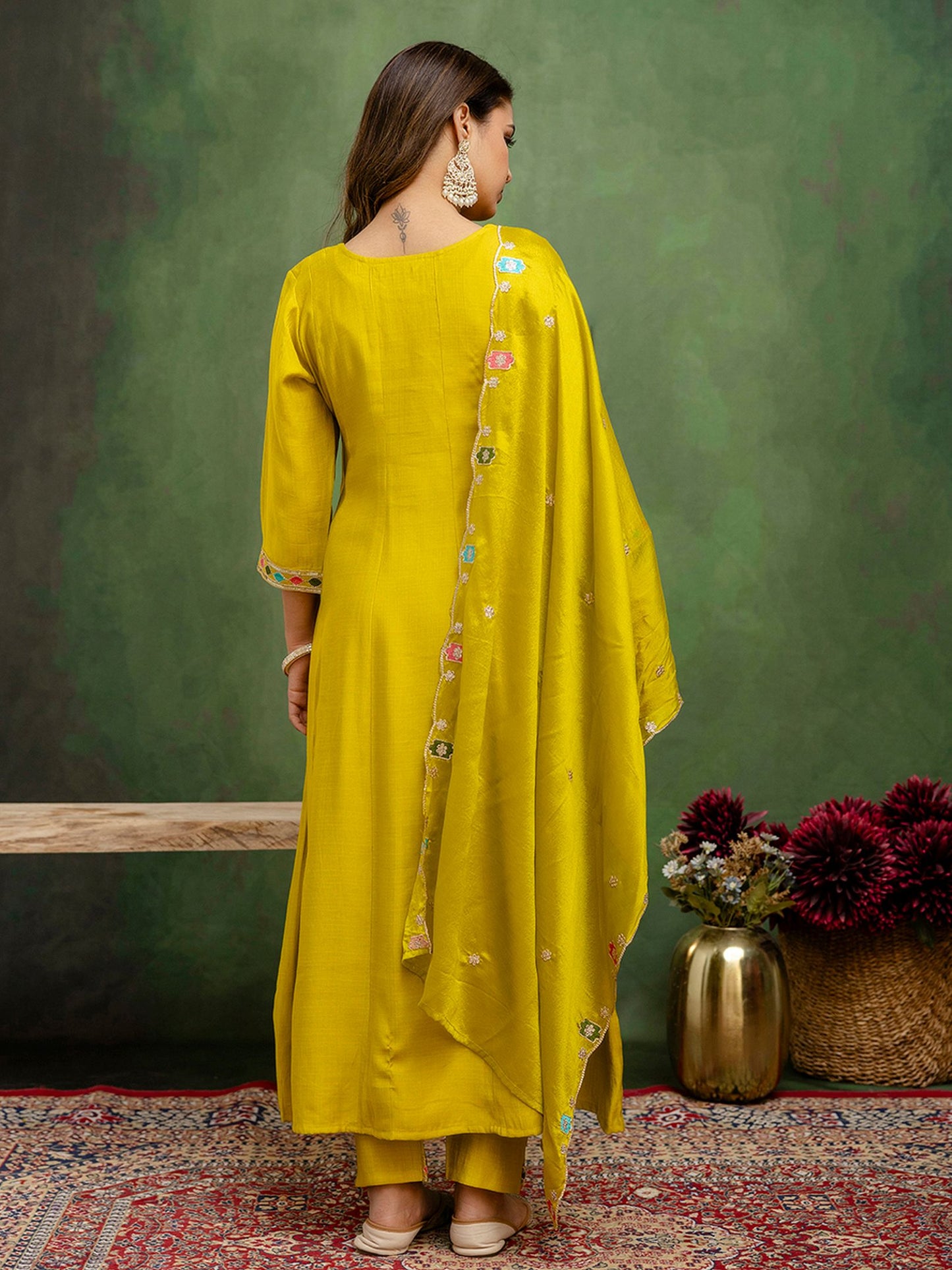 Lemon Silk Blend Readymade Suit: Chinon Dupatta, Designer Embroidery Work