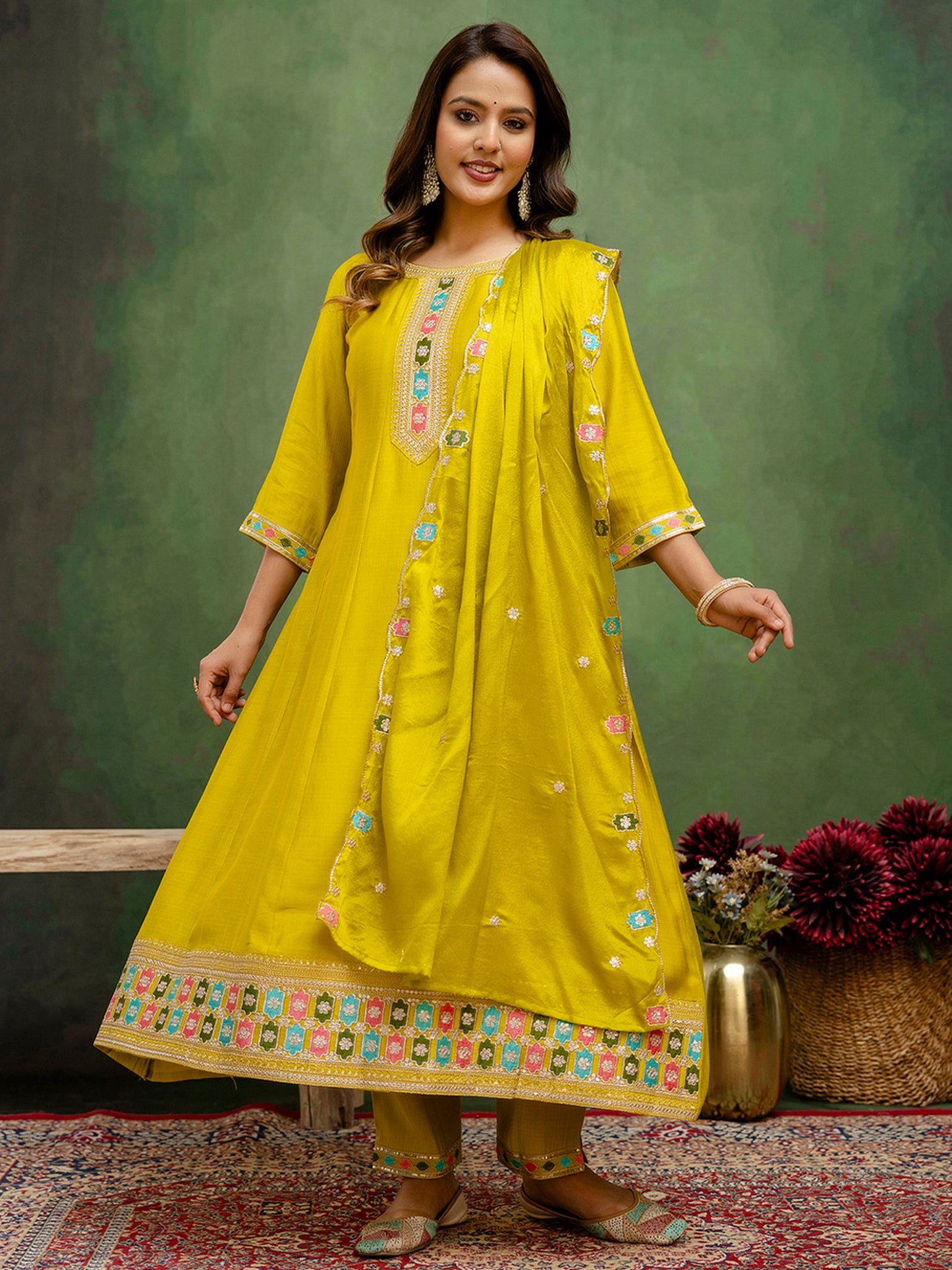 Lemon Silk Blend Readymade Suit: Chinon Dupatta, Designer Embroidery Work
