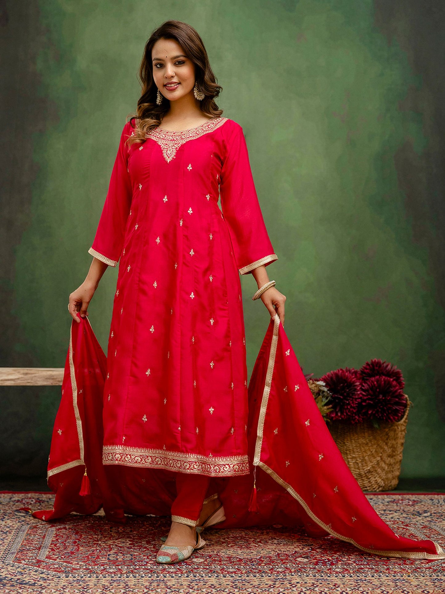 Pink Silk Blend Readymade Suit: Matching Dupatta, Designer Embroidery Work