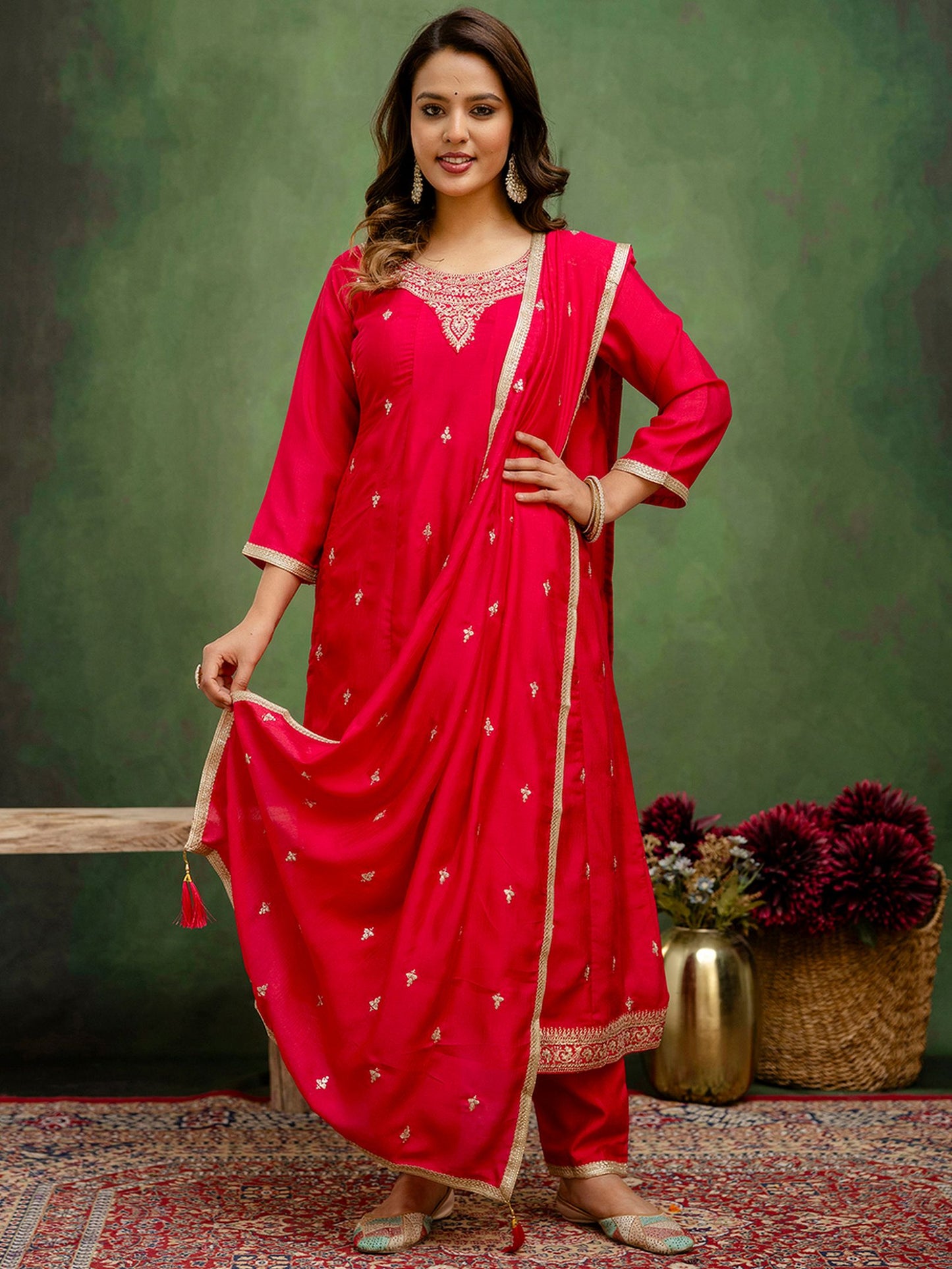 Pink Silk Blend Readymade Suit: Matching Dupatta, Designer Embroidery Work