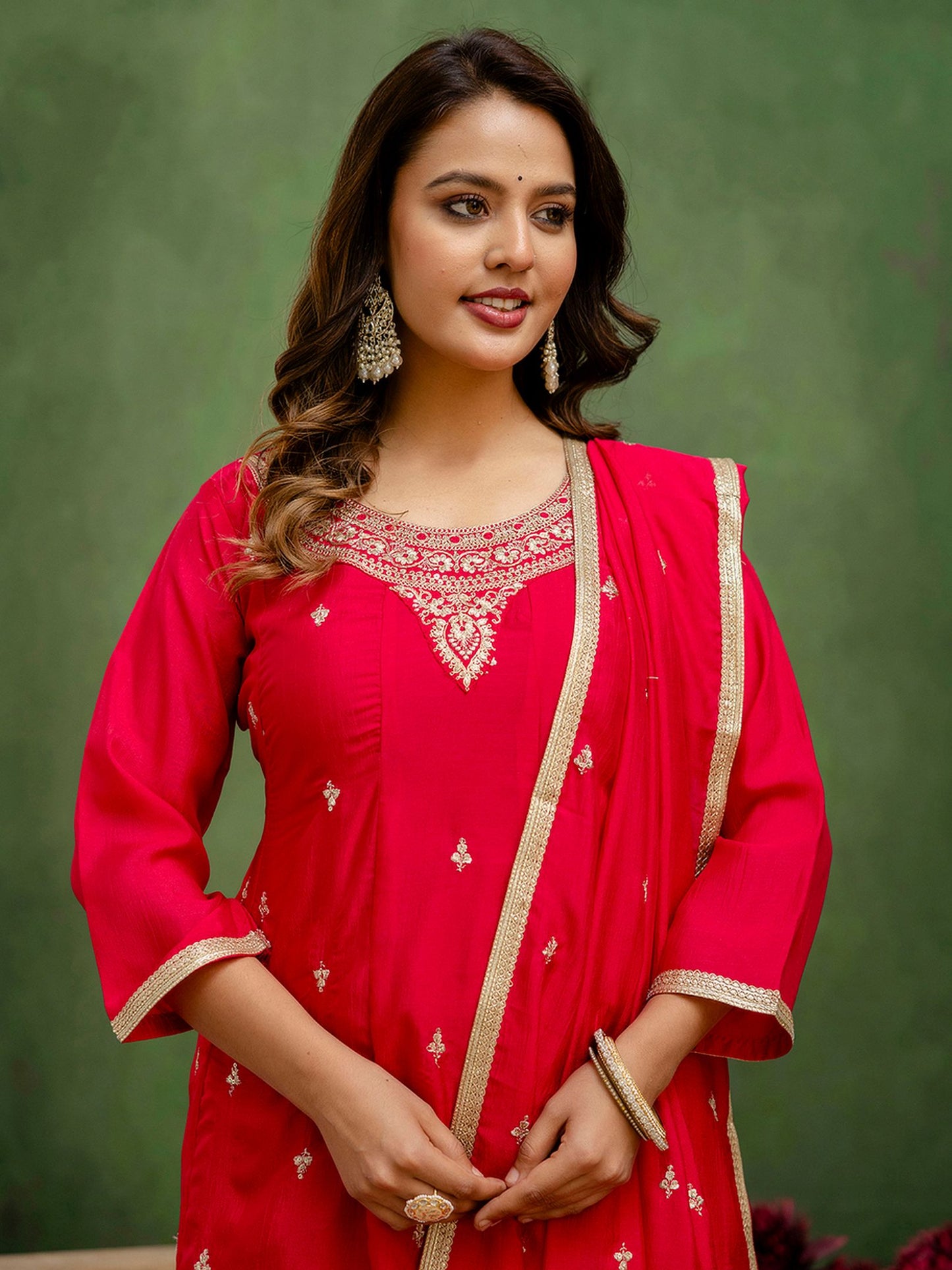Pink Silk Blend Readymade Suit: Matching Dupatta, Designer Embroidery Work
