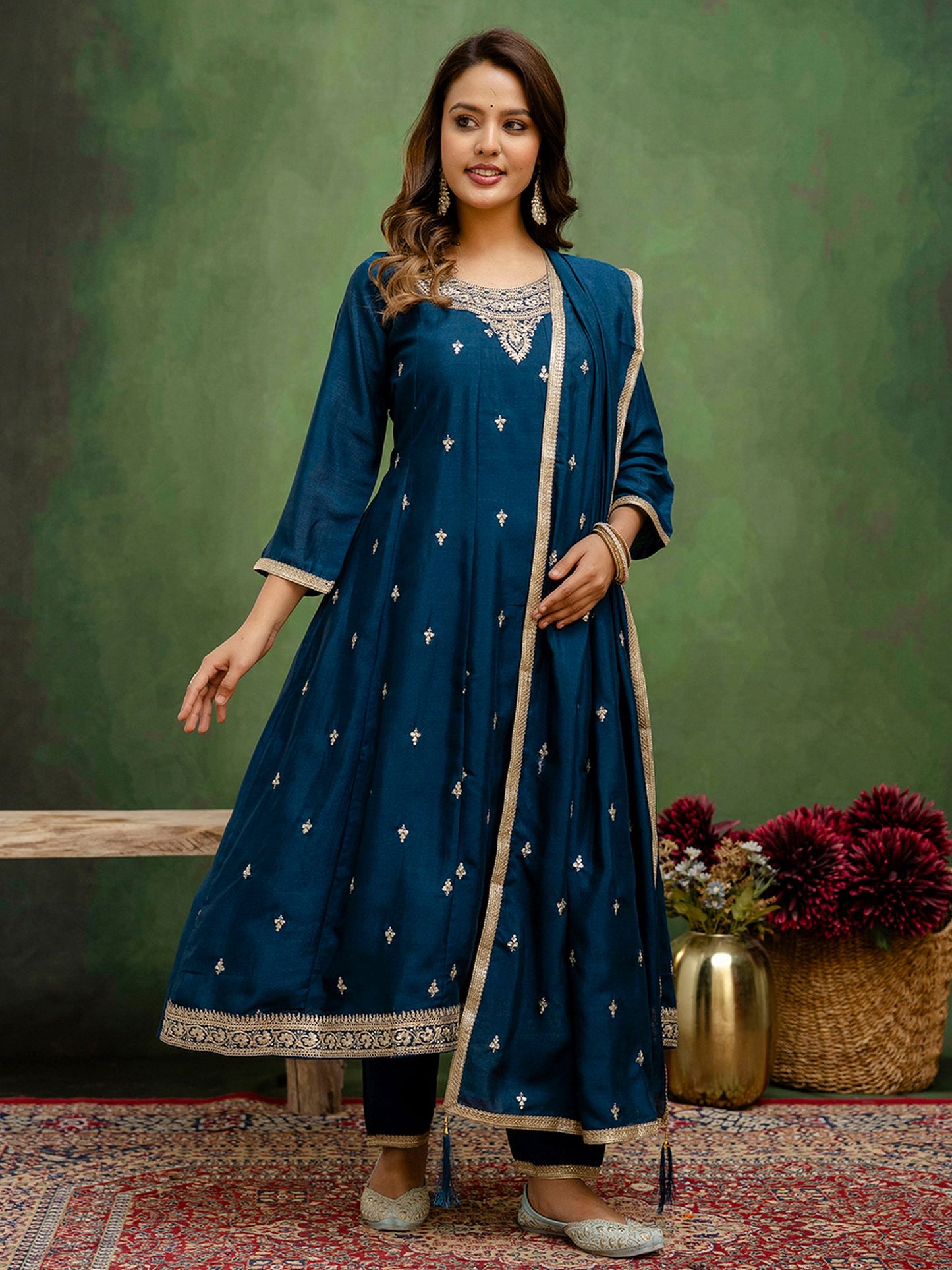 Teal Blue Silk Blend Readymade Suit: Matching Dupatta, Designer Embroidery Work