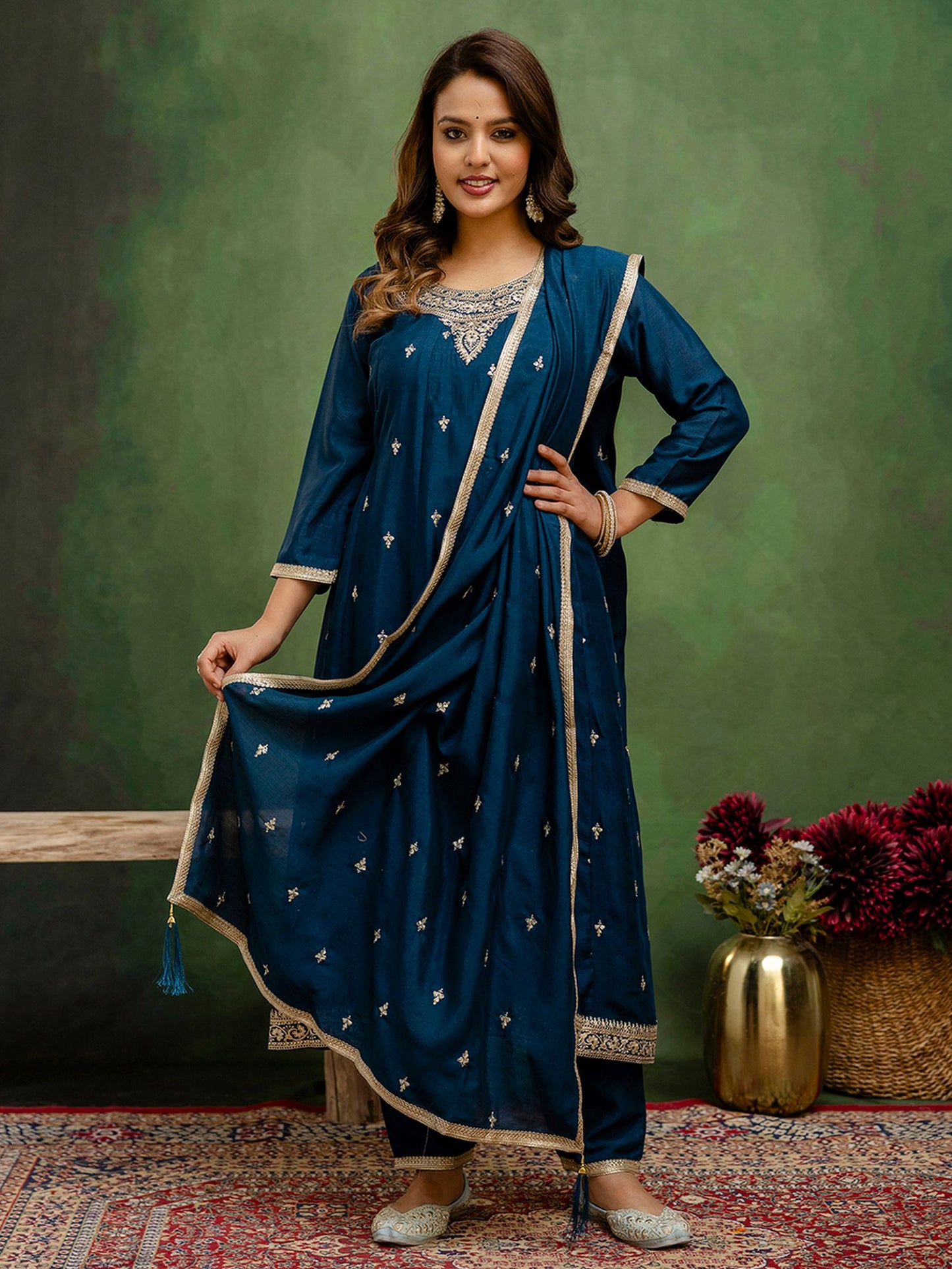 Teal Blue Silk Blend Readymade Suit: Matching Dupatta, Designer Embroidery Work