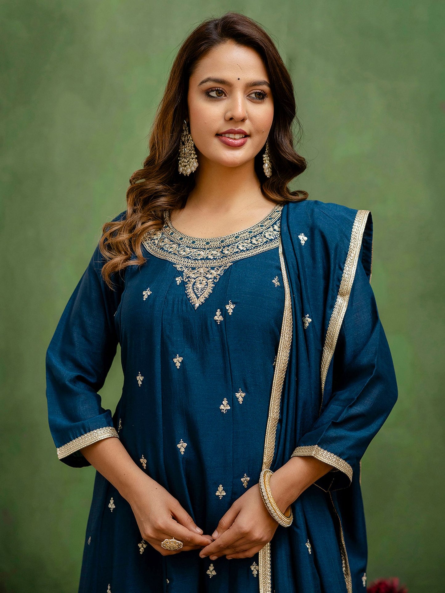 Teal Blue Silk Blend Readymade Suit: Matching Dupatta, Designer Embroidery Work