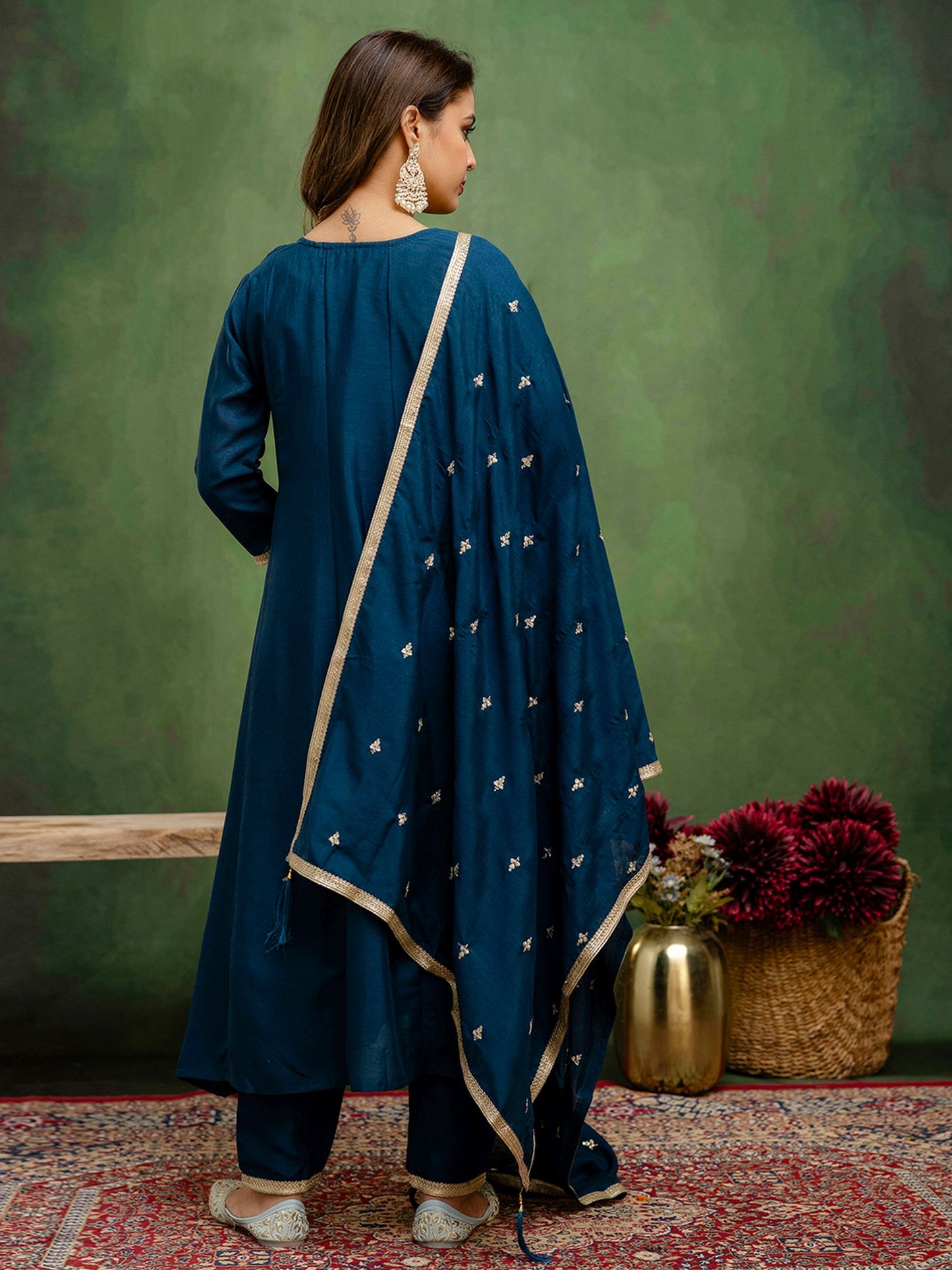 Teal Blue Silk Blend Readymade Suit: Matching Dupatta, Designer Embroidery Work