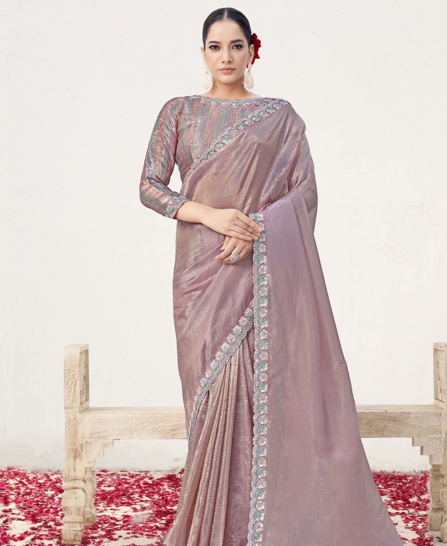 VARYA Pyaji Crush Paper Silk Moti Work Saree with Unstitched Blouse