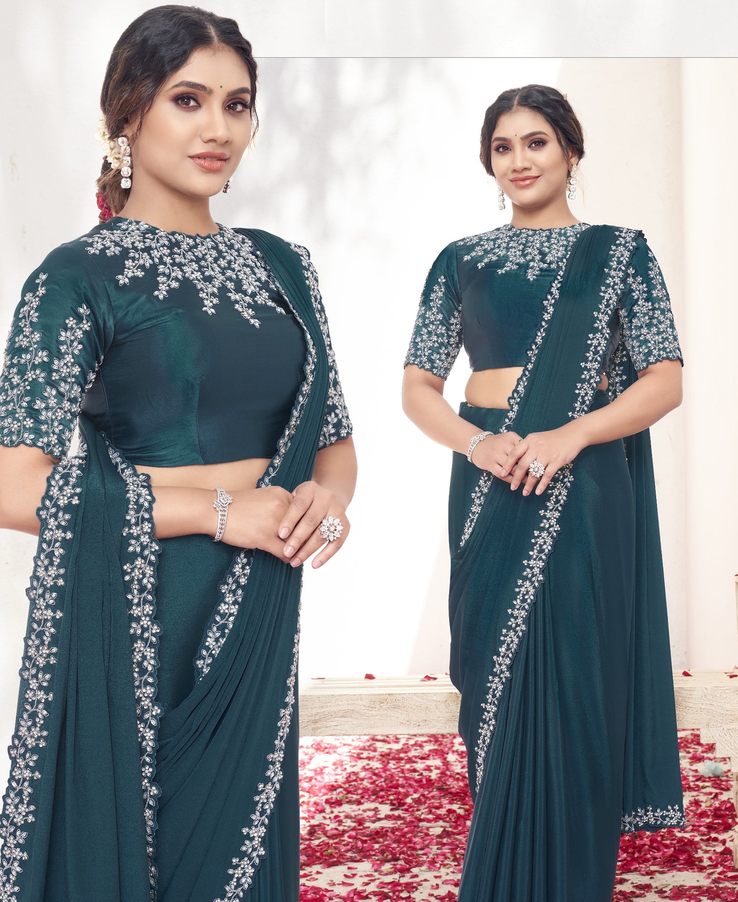 VARYA Teal Blue Pure Crepe Silk Moti Work Saree with Unstitched Blouse