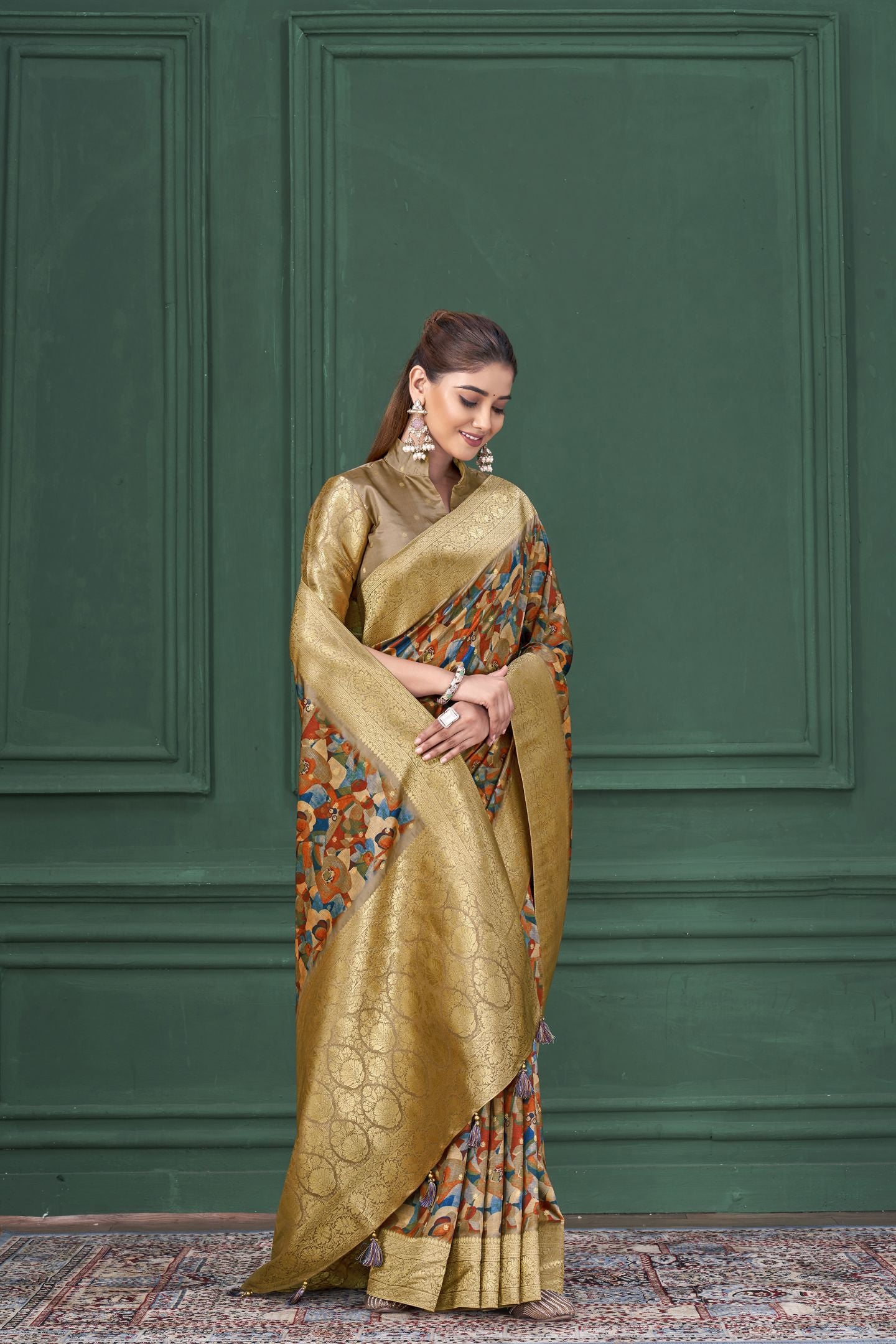 Chiku Tussar Silk Jacquard Saree: Abstract Digital Print, Mohira Collection Unstitched Blouse