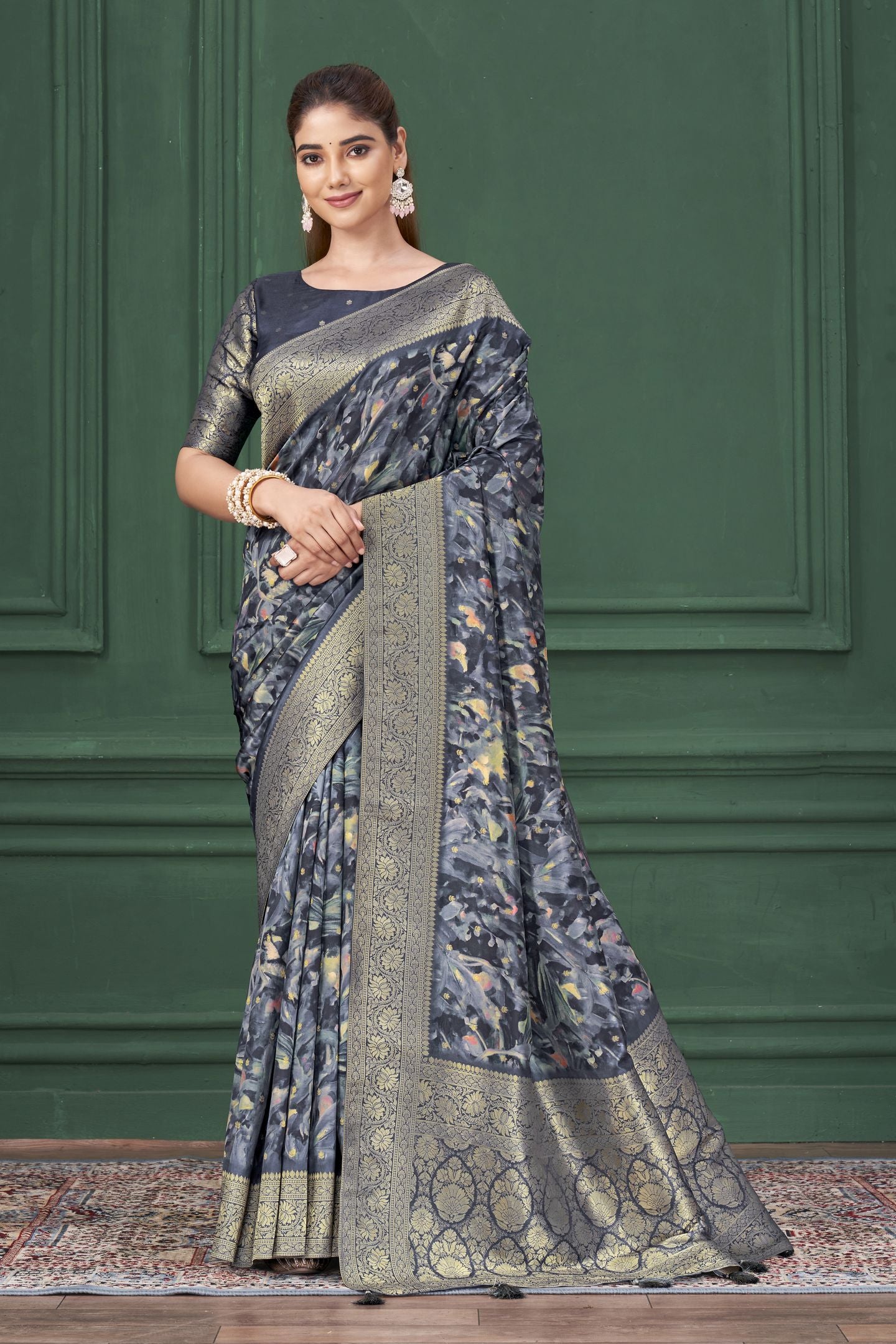 Blue Tussar Silk Jacquard Saree: Abstract Digital Print, Mohira Collection Unstitched Blouse