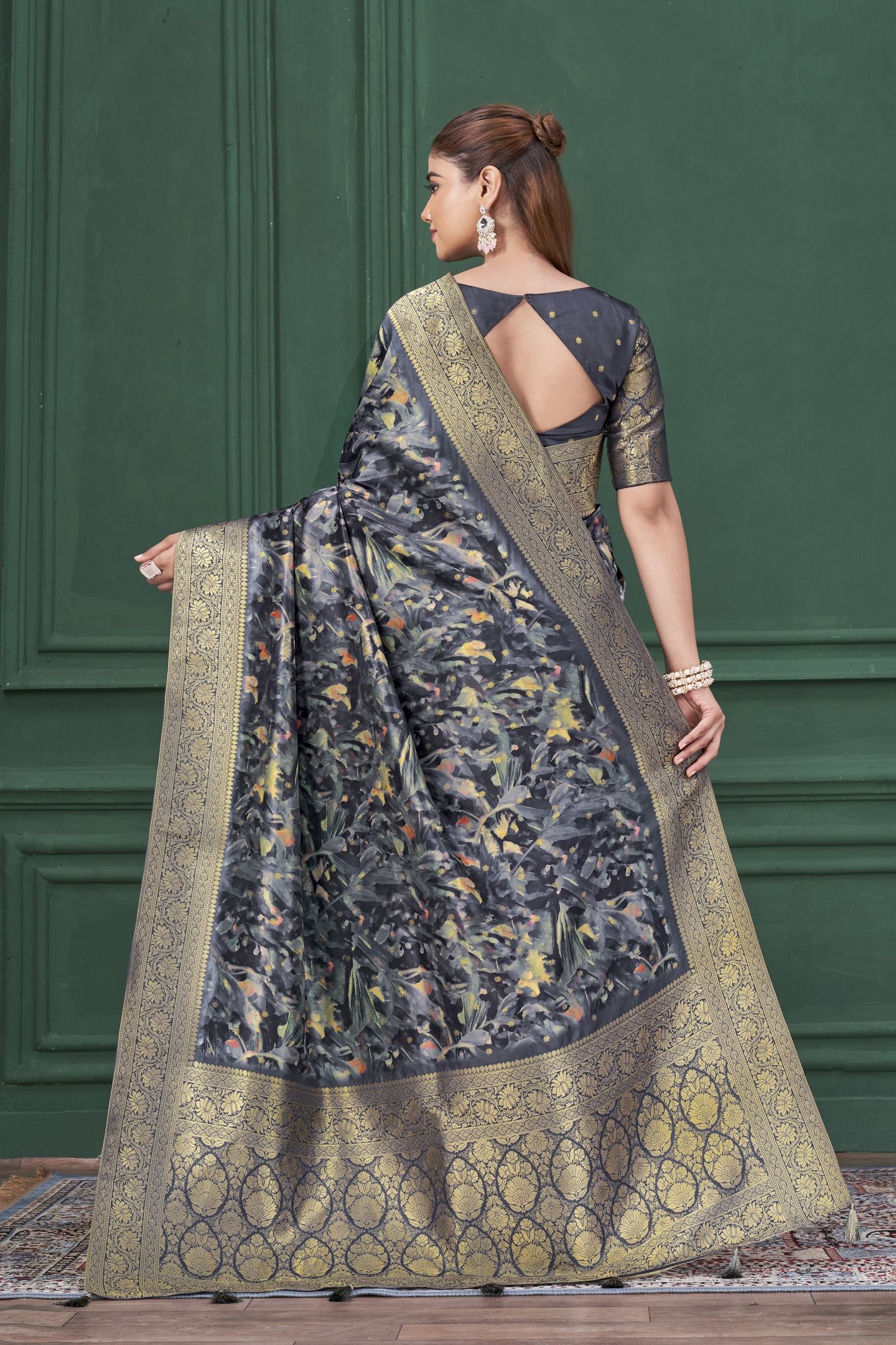 Blue Tussar Silk Jacquard Saree: Abstract Digital Print, Mohira Collection Unstitched Blouse