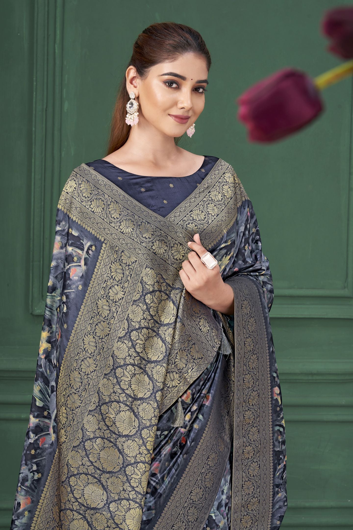 Blue Tussar Silk Jacquard Saree: Abstract Digital Print, Mohira Collection Unstitched Blouse